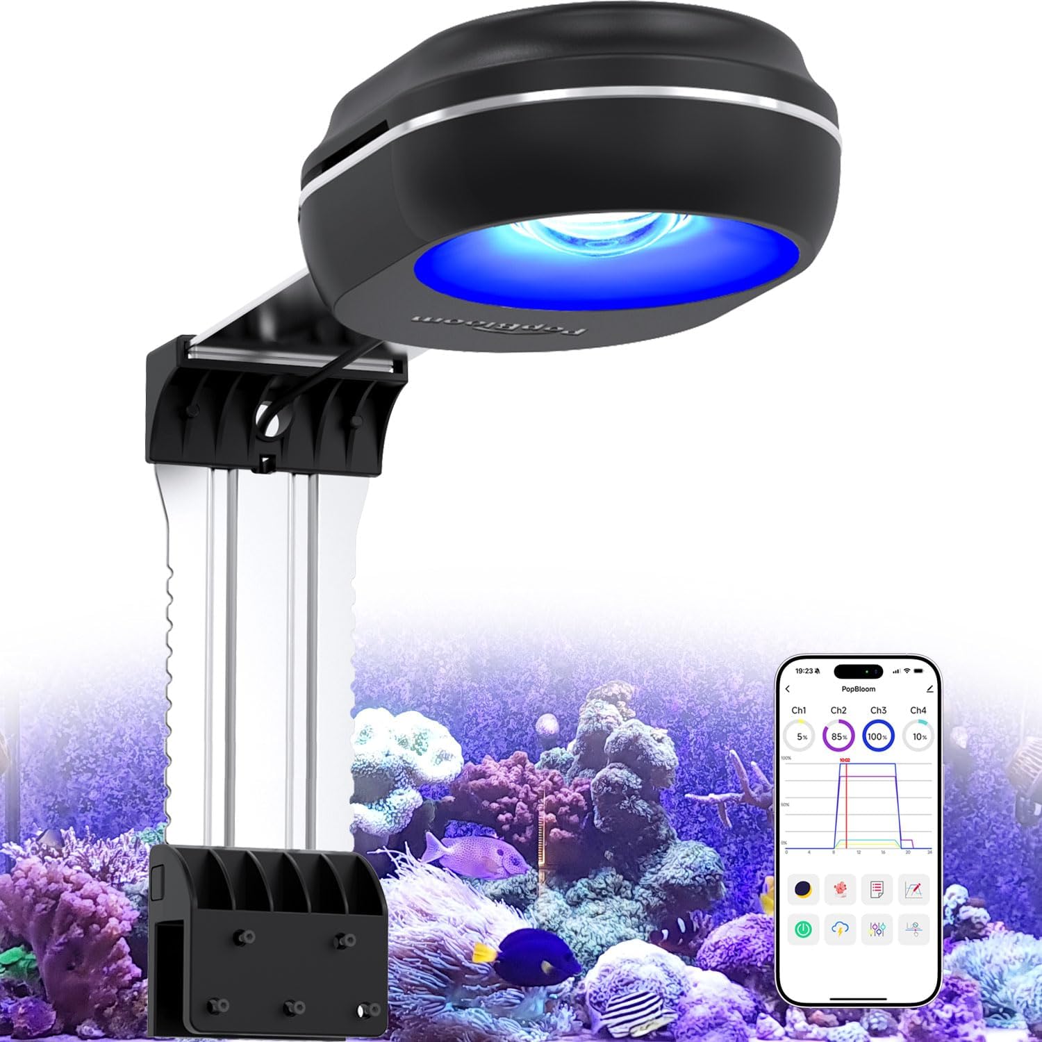 PopBloom RL60 WiFi Led Aquarium Beleuchtung 60w, Meerwasser Aquarium Lampe für Reef Coral Fish Nano Salzwasser Aquariums, Hohe Leistung, APP Unterstützung für Deutsch (60W WiFi (Schwarz))