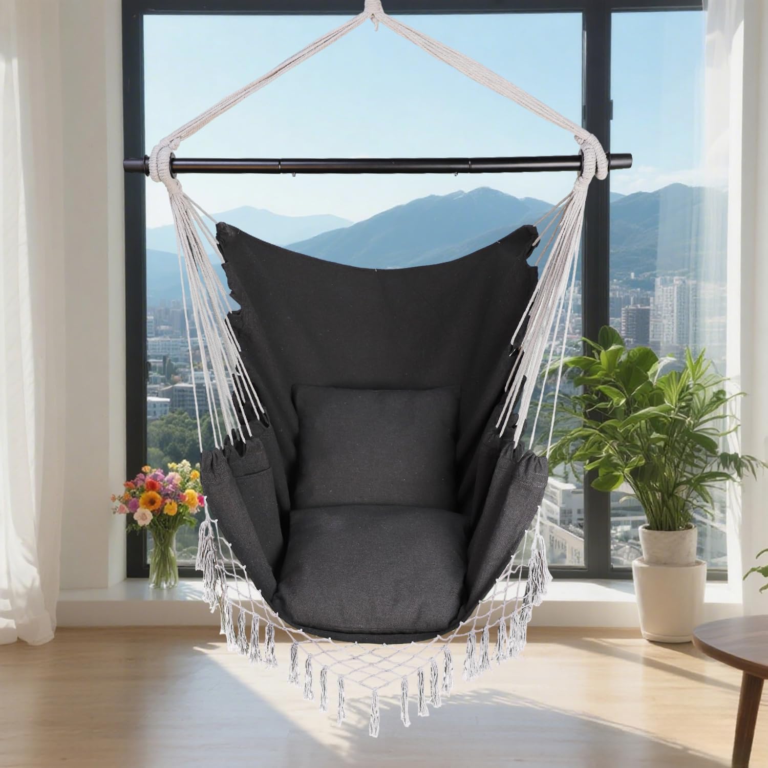 Hammock Chair Hanging Rope Swing Chair,Max 450 Lbs, Large Hanging Chair with Pocket, 2 Cushions, Removable Steel Bar, Hardware Kit Included, Superior Comfort for Indoor Outdoor (Dark Grey)