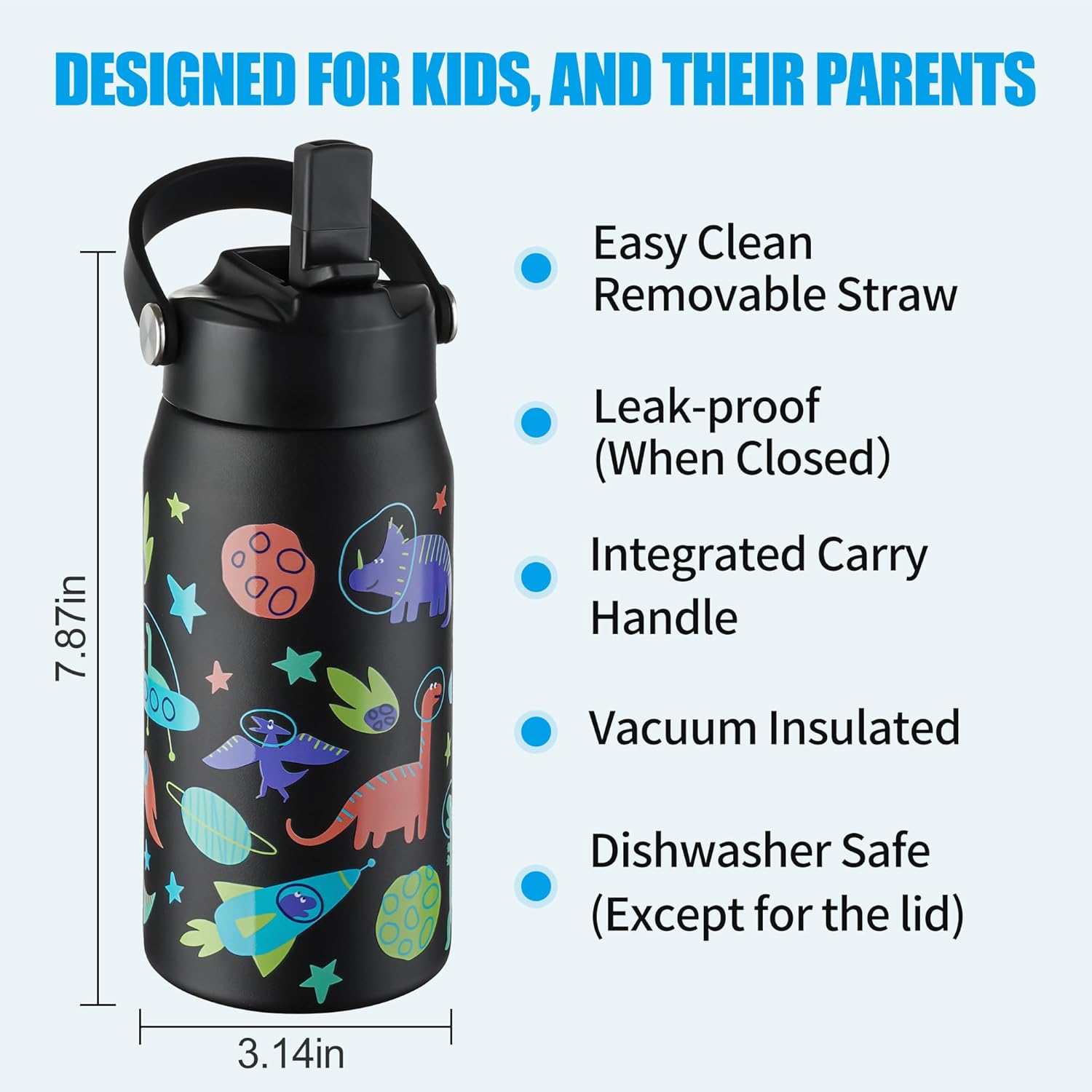 OLDLEY kids Water Bottle - 18oz Insulated Stainless Steel - Wide Straw Lid, Non Spill, Leakproof, Kids Water Bottle for School,Space Dinosaur - Image 3