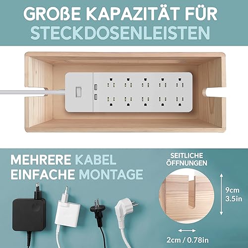 Miniatura 5 de NATURE SUPPLIES Juego de dos cajas de gestión de cables de madera natural, organizador de cables grande y mediano para ocultar cables y tiras de