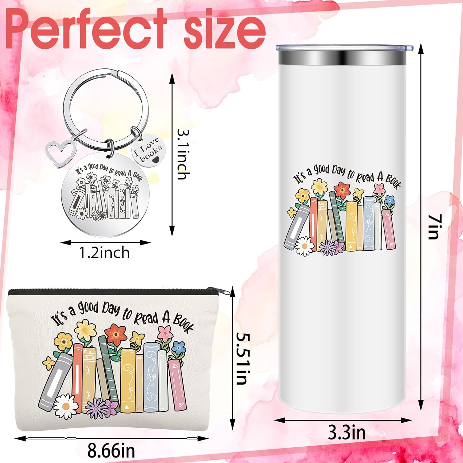 4 Pcs Book Lovers Gifts Set for Women Canvas Tote Bag 20oz Tumbler Keychain Readers Librarian Bookish(Book Style)