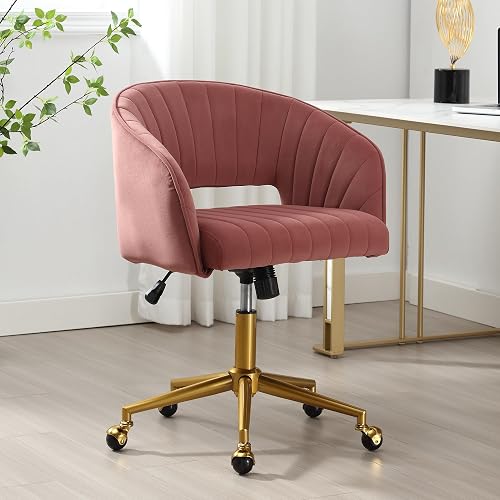 Desk Chair with Wheels, Gold Base, Velvet Accent Vanity Armchair, Rose Red