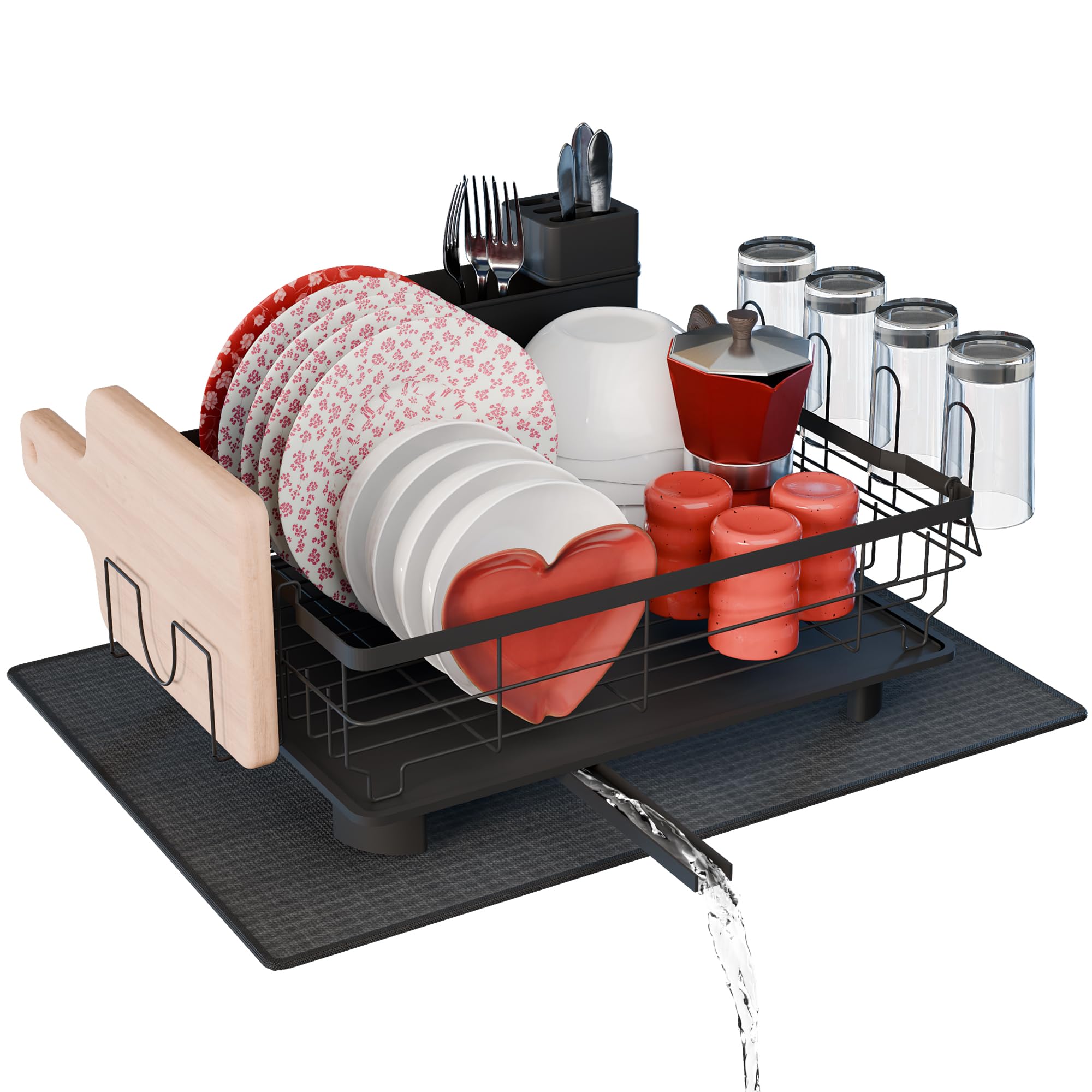 RebelEver Dish Drainer Rack - Draining Board Rack - Sink Drainer Rack - Plate Rack - Driying Rack Kitchen - Dish Drying Rack with Drainage Pipe to the Sink - Drying Mat included (1 Tier)