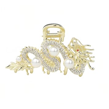 3.5 Large Dragon Gold Claw Clip for Women, Unique Hair Accessories, Sparkle Crystals & Pearls, Chinese Vintage Hair Clips for Festivals Parties New Year