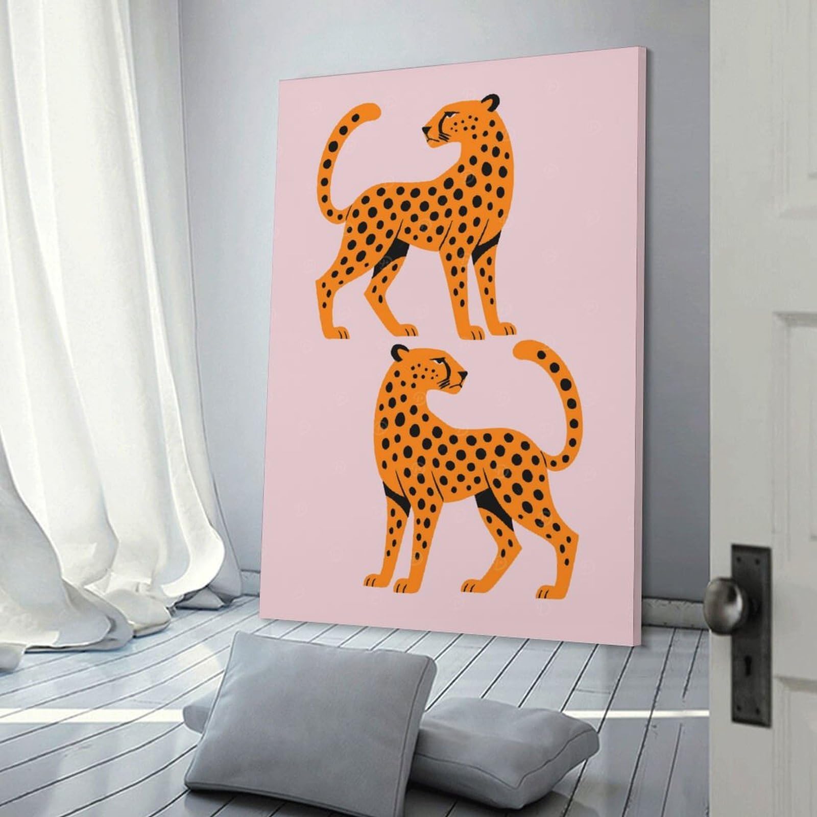 Junmoney Two Stylized Cheetahs on Pink Background Wall Art Print, 24x36inch(60x90cm), for Bedroom Decor, Cosy Corners Or Studios, Decorative Wall Art for Cosy Rooms