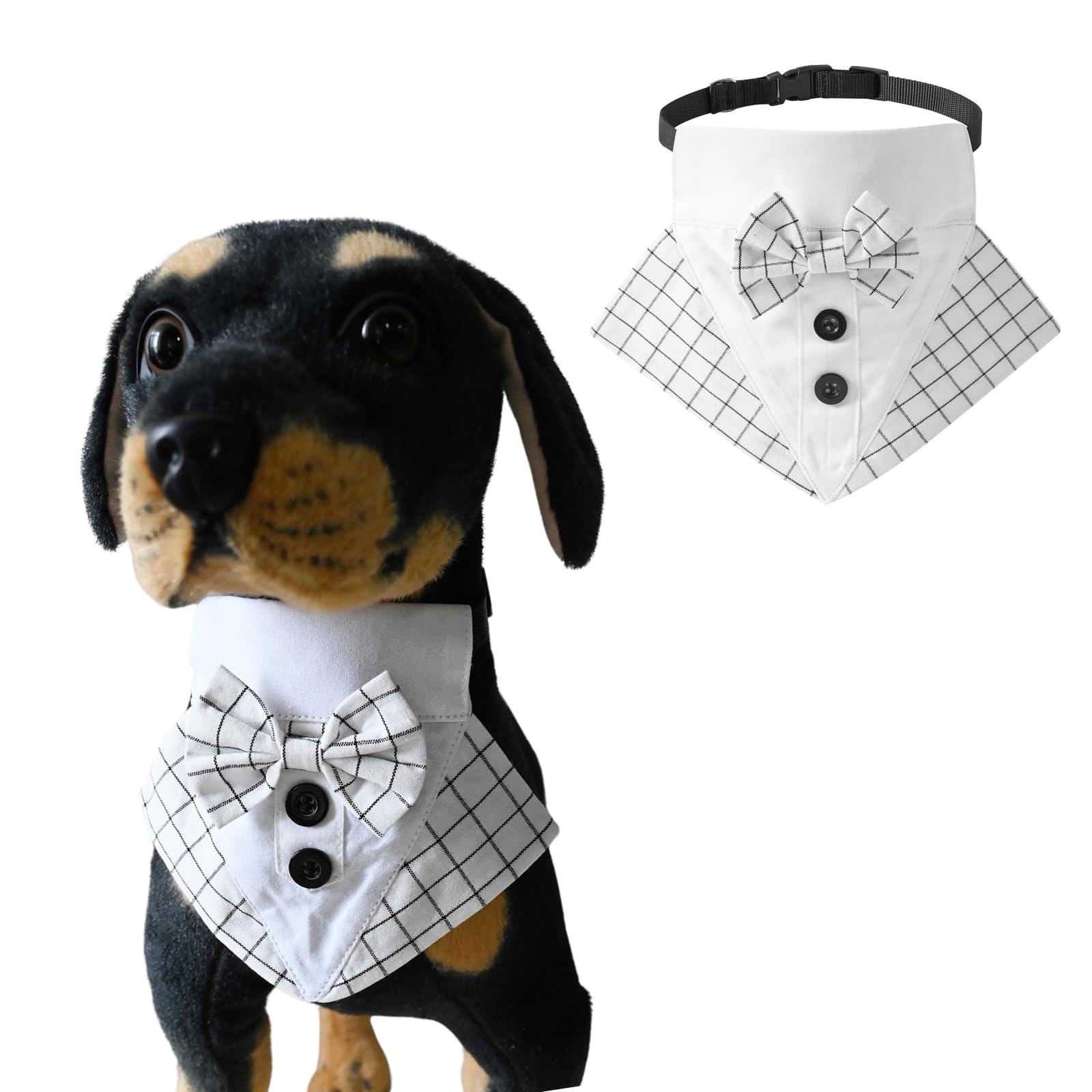 Dog Tuxedo Bandana,Formal Pet Bow Tie Bib Adjustable Quick Release Buckle Triangular Scarf Dog Birthday Party Valentines Bowtie Scarf Party Tux_M(White Plaid)