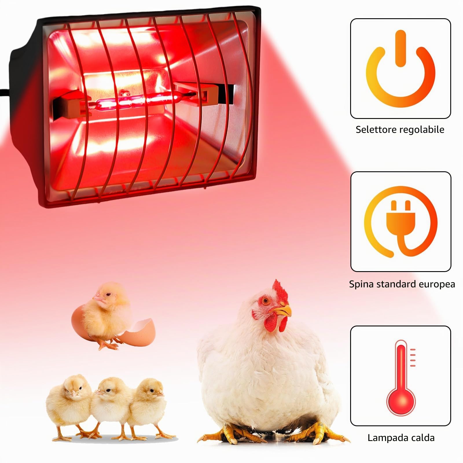 Lampada a calore da 1,8 metri, riscaldatore con spina EU, lampada a luce rossa con interruttore, lampada a calore per animali, lampada riscaldante per pollaio, lampada a infrarossi per pulcini