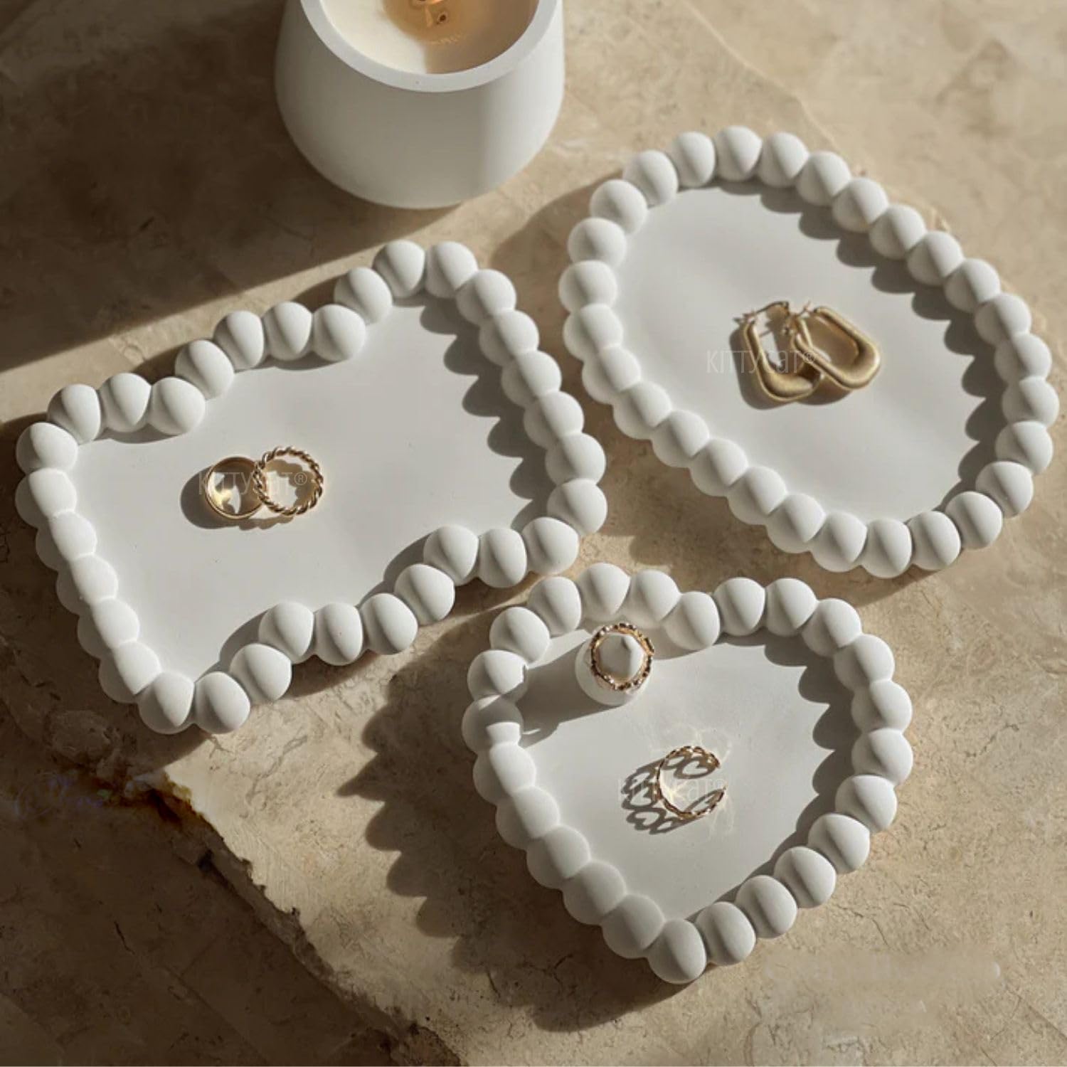 Aesthetic Concrete Trinket Tray Set of 3 – Heart, Zigzag, Oval