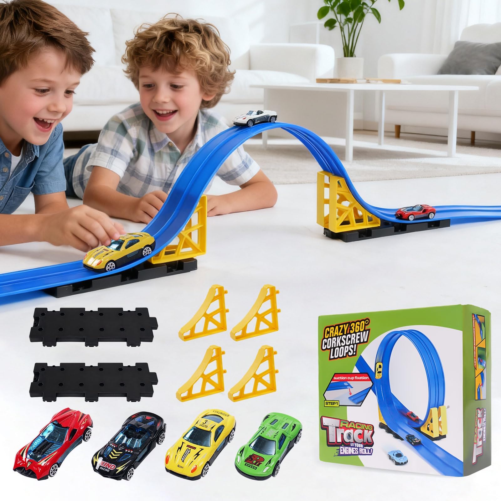 Flexible Race Track for Kids - 15Ft Car Track with 4 Vehicle in 1:64 Scale, 4M DIY Car Ra…