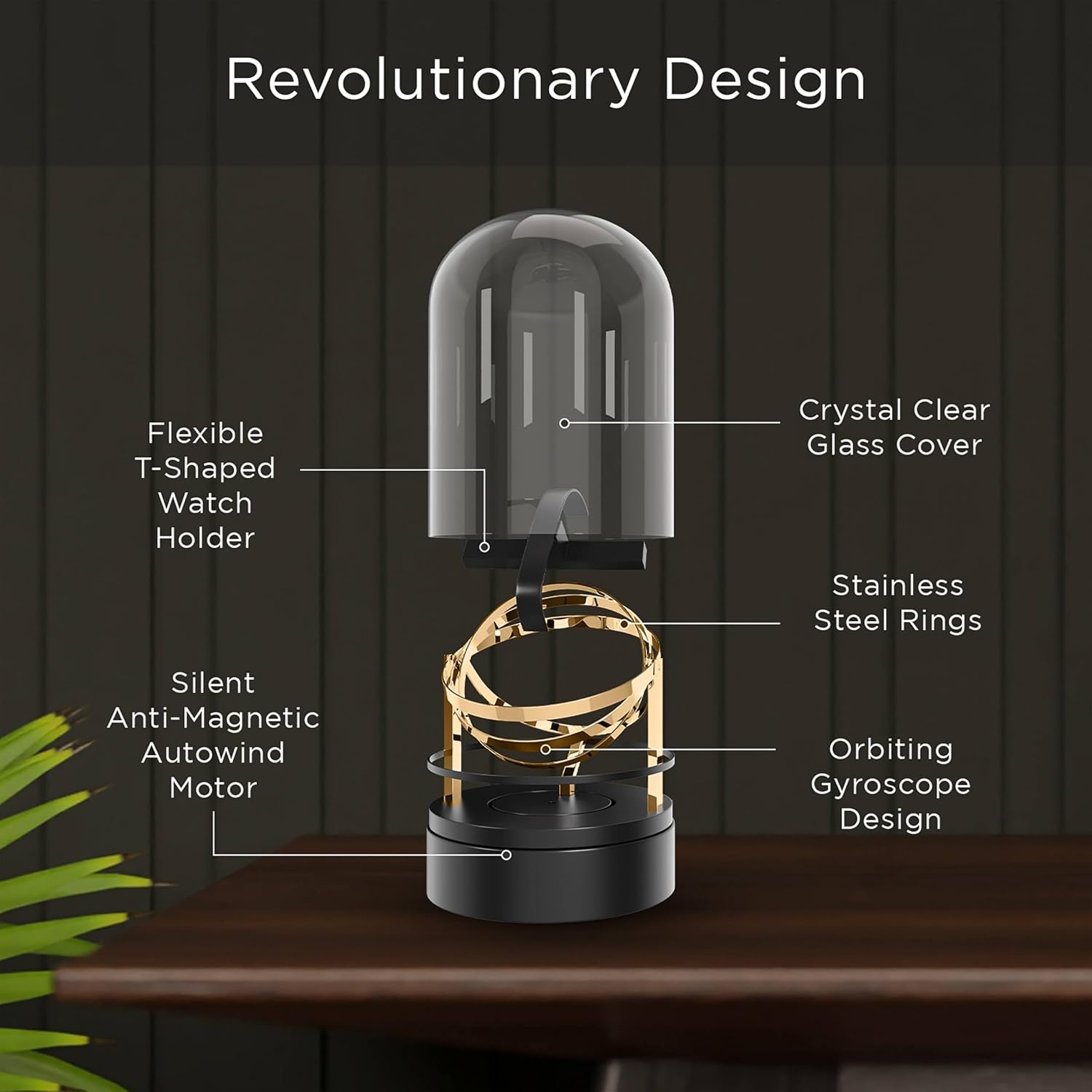 Elestoria Orbit Watch Winder – Single Automatic Watch Winder with Glass Display Cover | Quiet Motor, Gyroscope Rotation, Luxury Mechanical Watch Winder Box