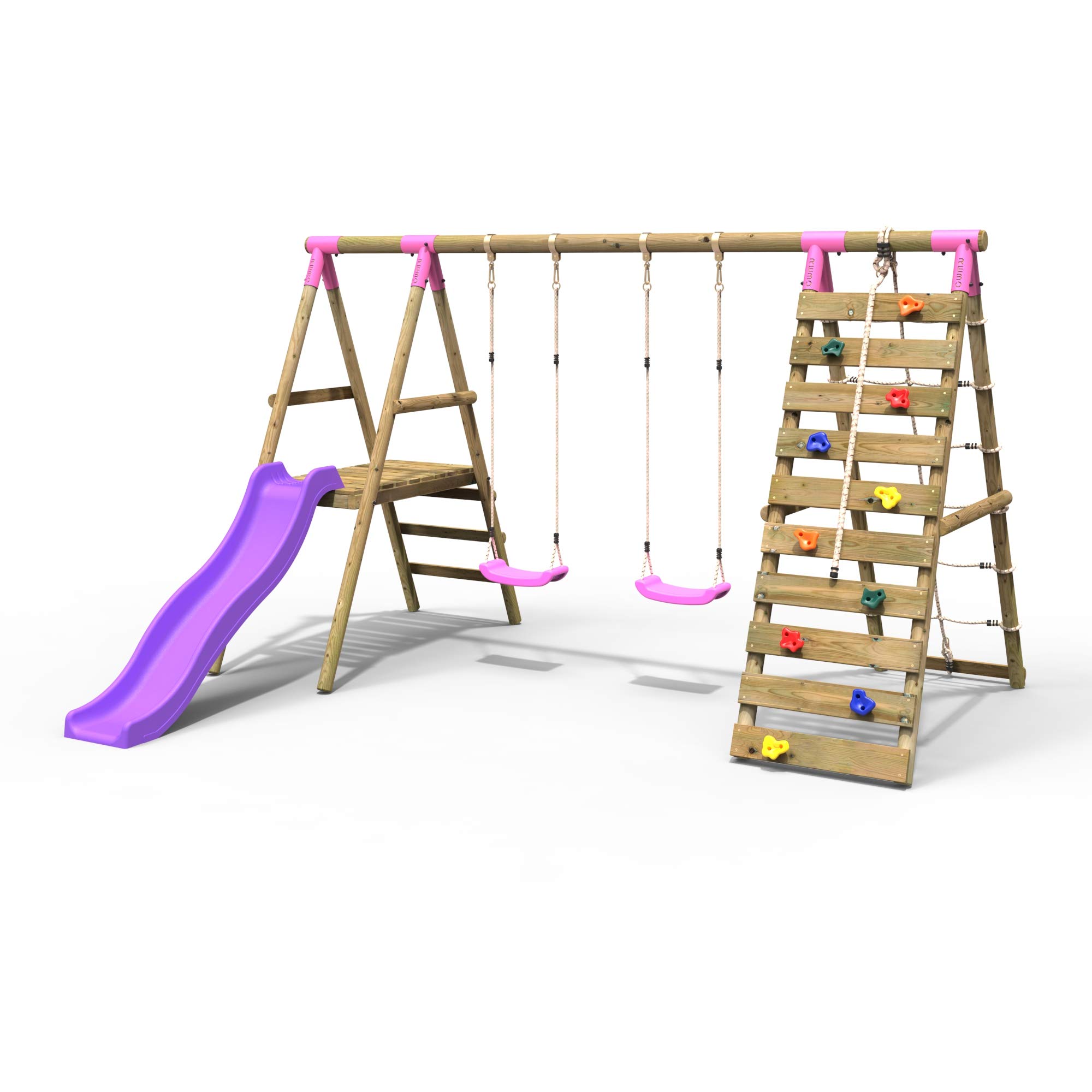 Rebo Wooden Double Swing Set with Climbing Wall & Slide - Pink
