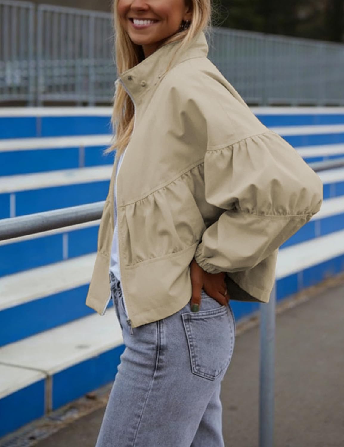 Watashi Women Cropped Bomber Jacket Casual Lightweight Spring Fall Lapel Coat Balloon Long Sleeve Streetwear Outerwear