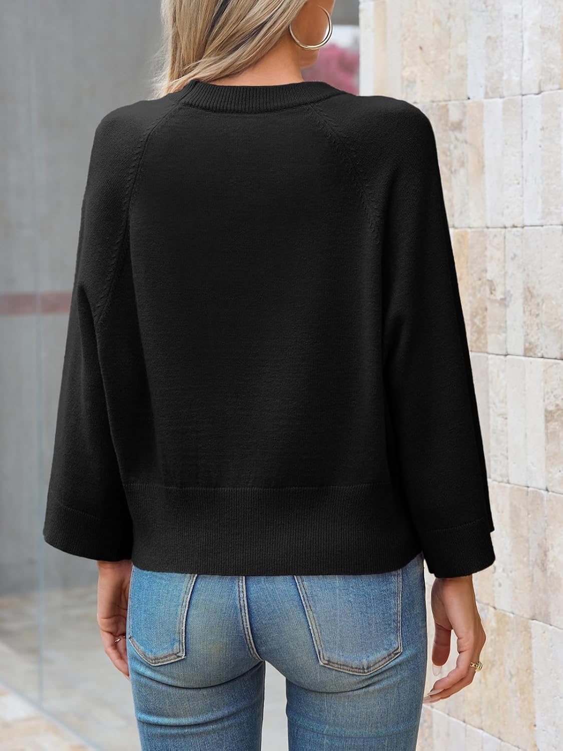 Saodimallsu Womens Crew Neck Batwing Sweaters 3/4 Sleeve Soft Knit Dressy Casual Loose Fit Fall Sweater Tops - Image 5