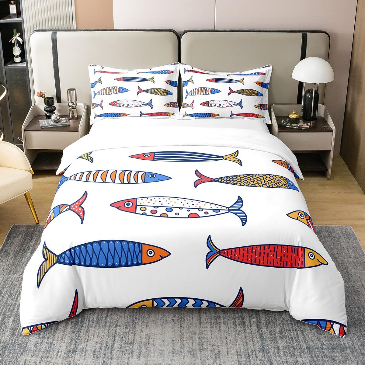 Housse de couette poisson 220x240 en coton bleu marine
