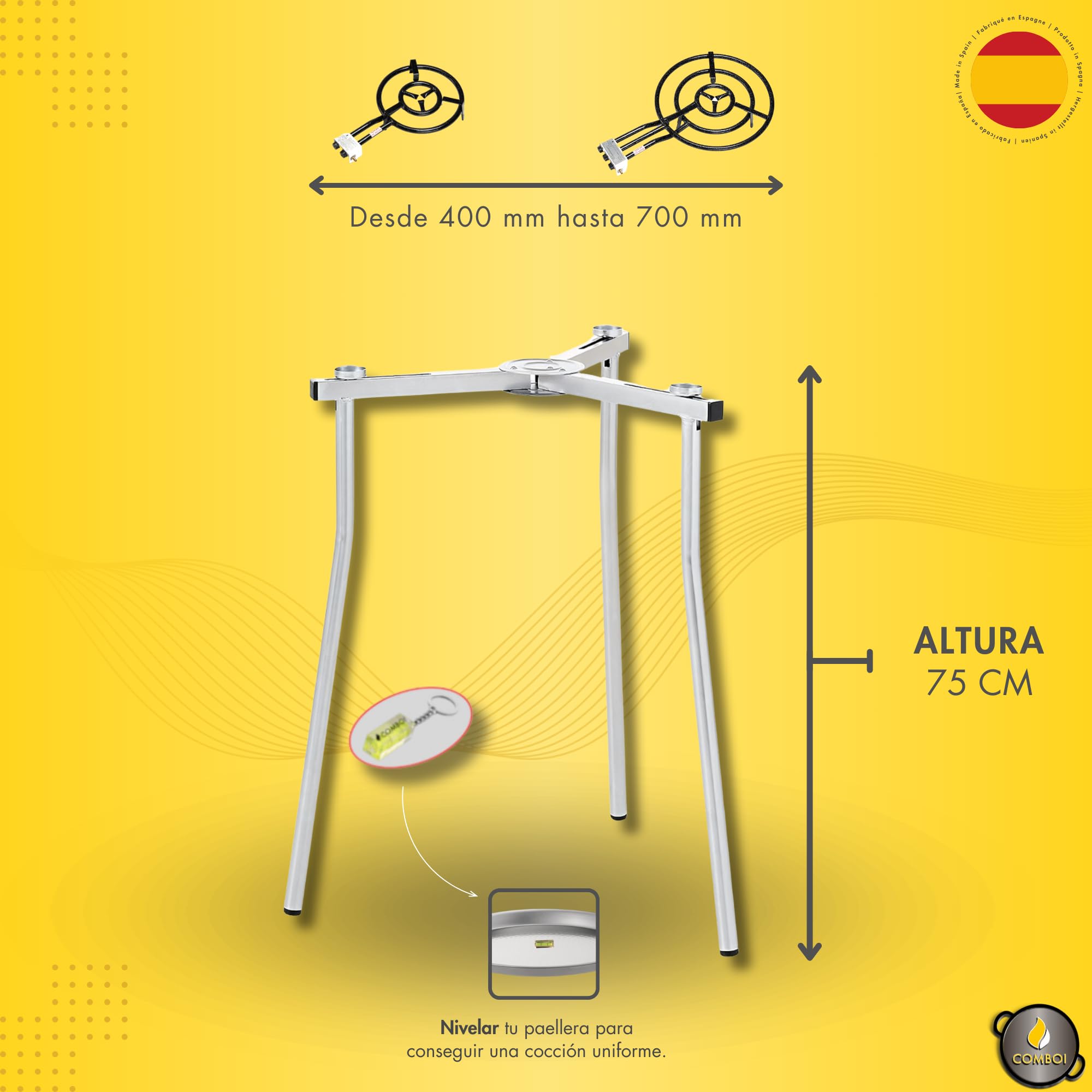 COMBOI Kit Paellero a Gas Professionale - Bruciatore 53 cm a 3 anelli, Paellera in acciaio lucido 70 cm, regolatore, tubo, gambe treppiede, livello, grembiule, ricettario digitale (Kit Paellero Pro-T