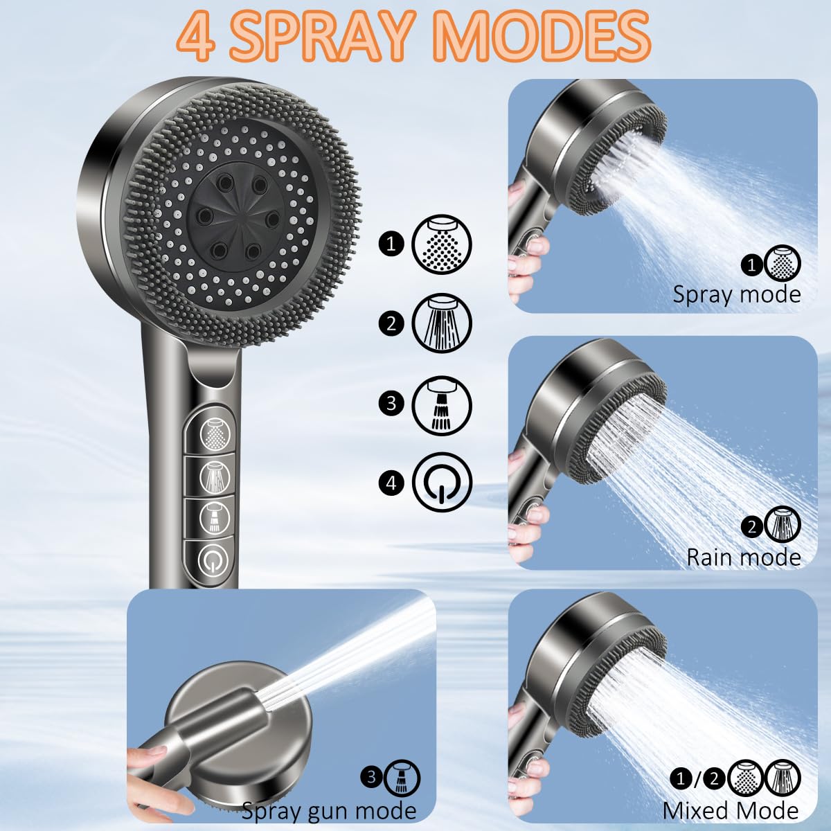 REETEE Soffione Doccia ad Alta Pressione, Doccino per Doccia con Filtro, 5 Modalità Spray Soffione Doccia Anticalcare, Shower Head con 1.5 M Tubo (grigio)