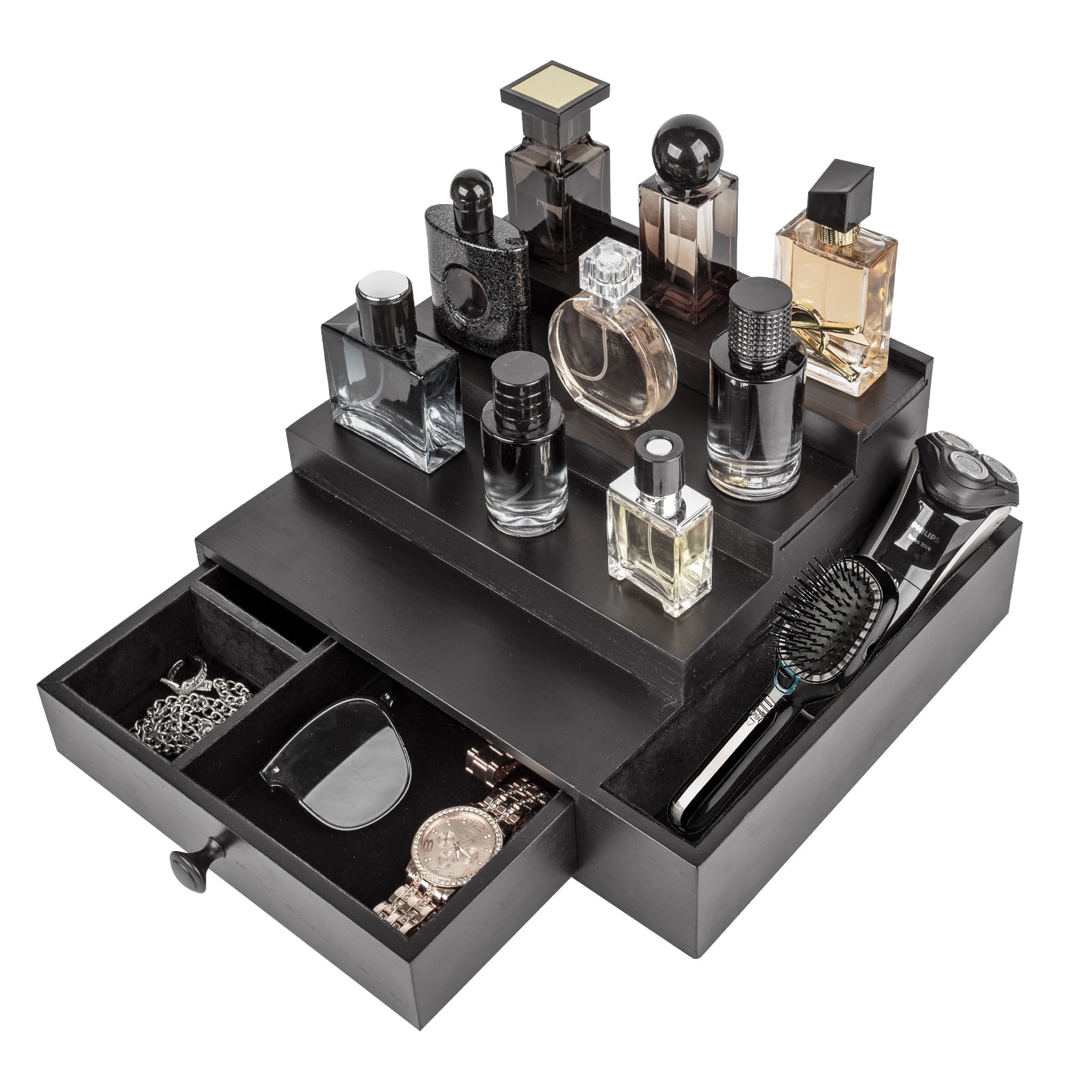 Organizador de Colonia Moderno 4 Niveles con Cajón & Almacenamiento Lateral - Estante Exhibidor de Madera con Forro de Franela Suave, para Hombre y Mujer, Organizador de Baño y Dormitorio