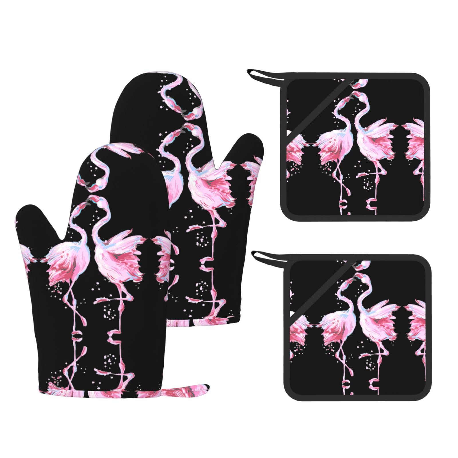 Eeprty Black Tropical Flamingos Printed Kitchen Oven Gloves And Potholder 4 Pcs, Non-Slip Heat Resistant Mitts For Baking Chef