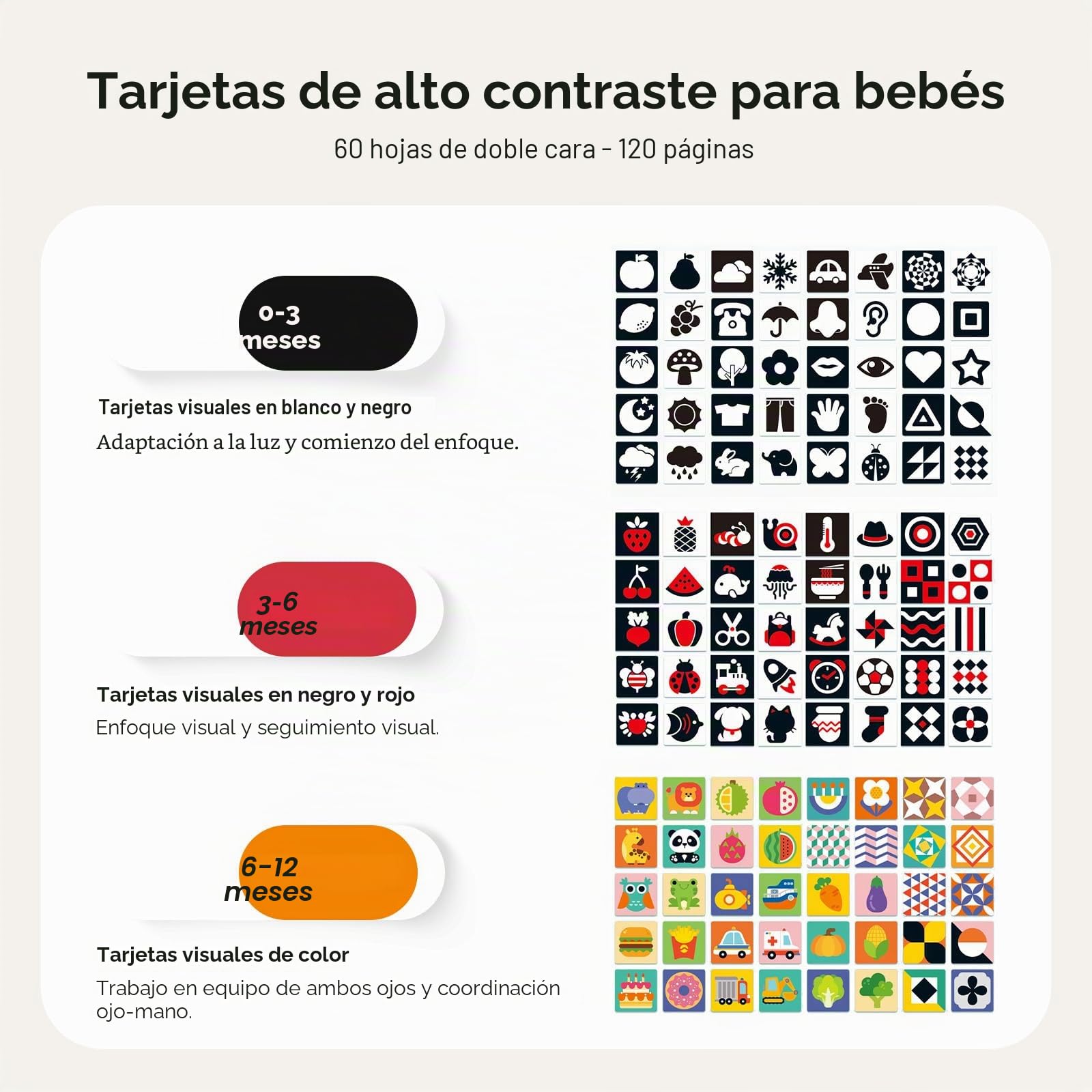 WOODEN TEETHER Montessori - Espejo visualmente estimulante con 120 tarjetas, juguete para tiempo abdominal, para recién nacidos 0-12 meses