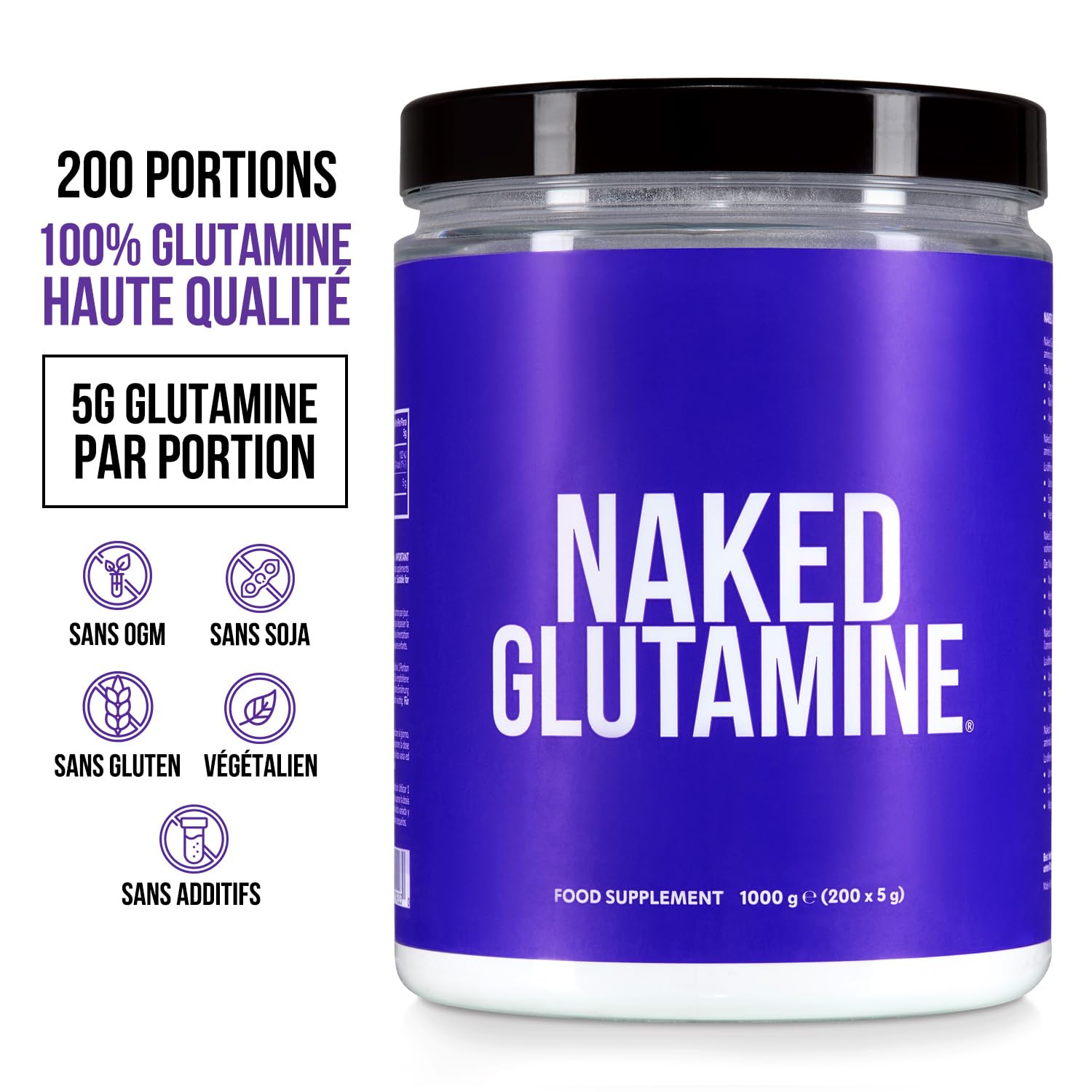 NAKED L-Glutamine – 200 doses – 1000 g, vegan, sans OGM, sans gluten et sans soja. Limite la dégradation musculaire et améliore la synthèse des protéines. Sans additifs
