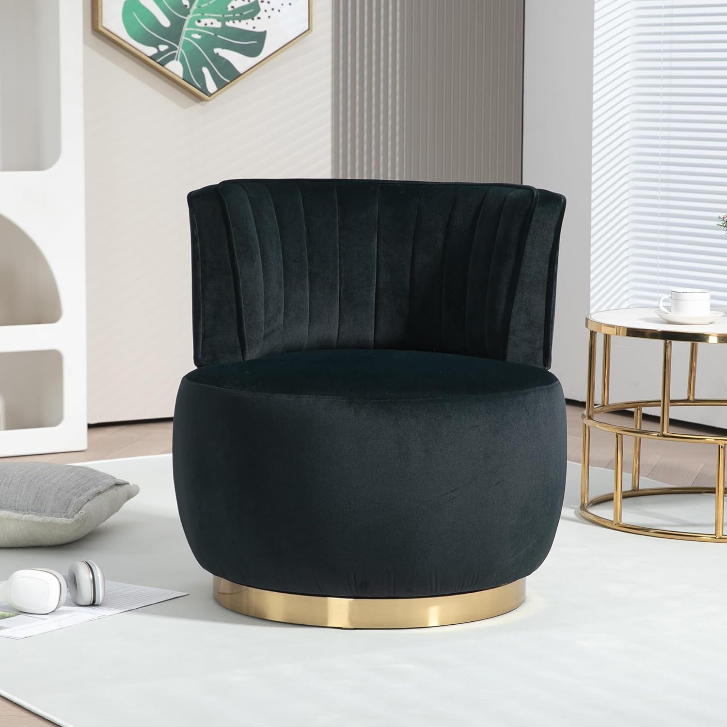 Henf Modern Swivel Accent Chair with Curved Backrest, Round Swivel Armchair Barrel Chair for Living Room Bedroom, Comfy Fabric Living Room Leisure Chair Cuddle Club Chair, 25''Dia x 26''H, Black