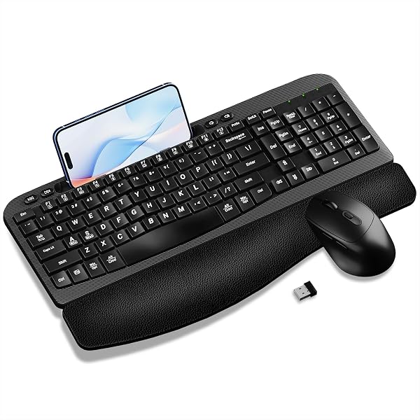 Wireless Keyboard and Mouse Combo, Wave Keys Computer Ergonomic Keyboard with Cushioned Plam Rest, Phone Holder, 2.4GHz