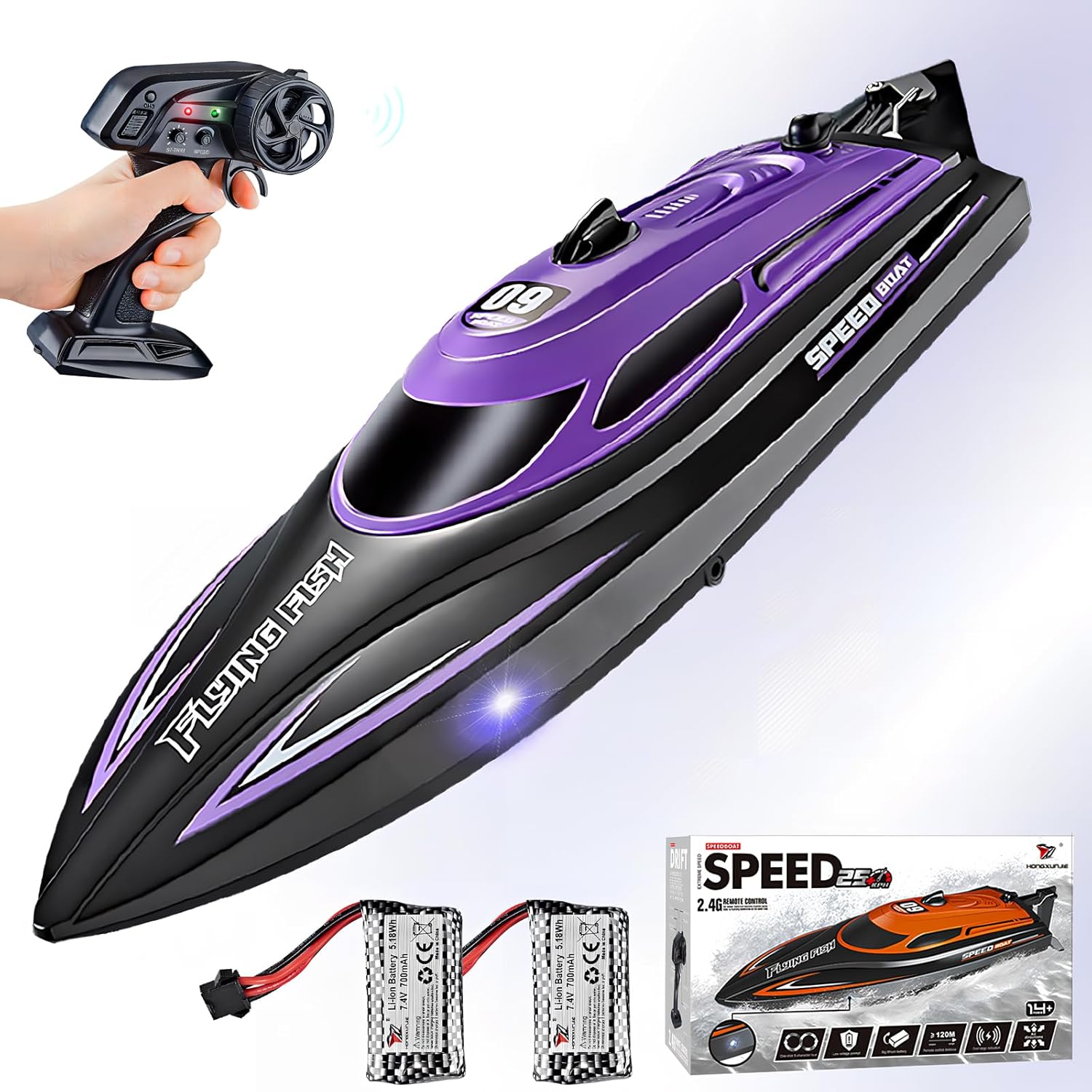 RC Boat with 2 Rechargeable Battery, 20+ MPH Fast Remote Control Boat for Pools and Lakes, 2.4G RC Boats Pool Toys for Adults and Kid (812-Purple)