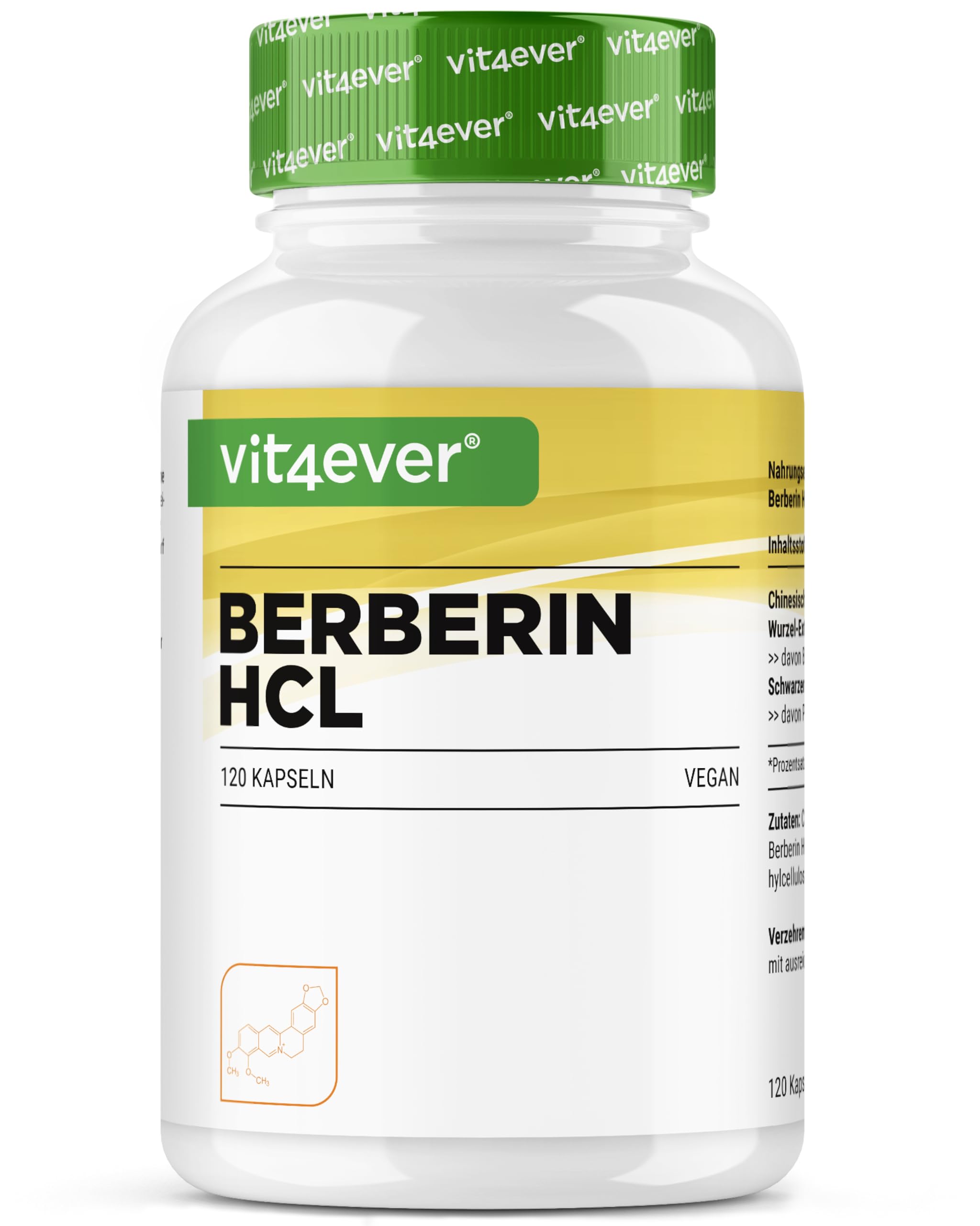 Estratto di berberina HCL - 120 capsule da 500 mg - Berberina naturale + estratto di pepe nero - Testato in laboratorio (purezza e contenuto di principi attivi) - Dose elevata - Vegan