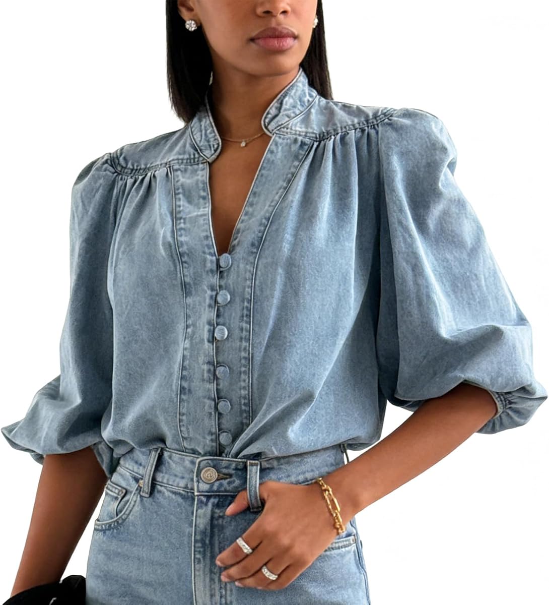 Women's Vintage Denim Shirt, V Neck 3/4 Lantern Sleeve Blouse, Casual Button Down Jean Top