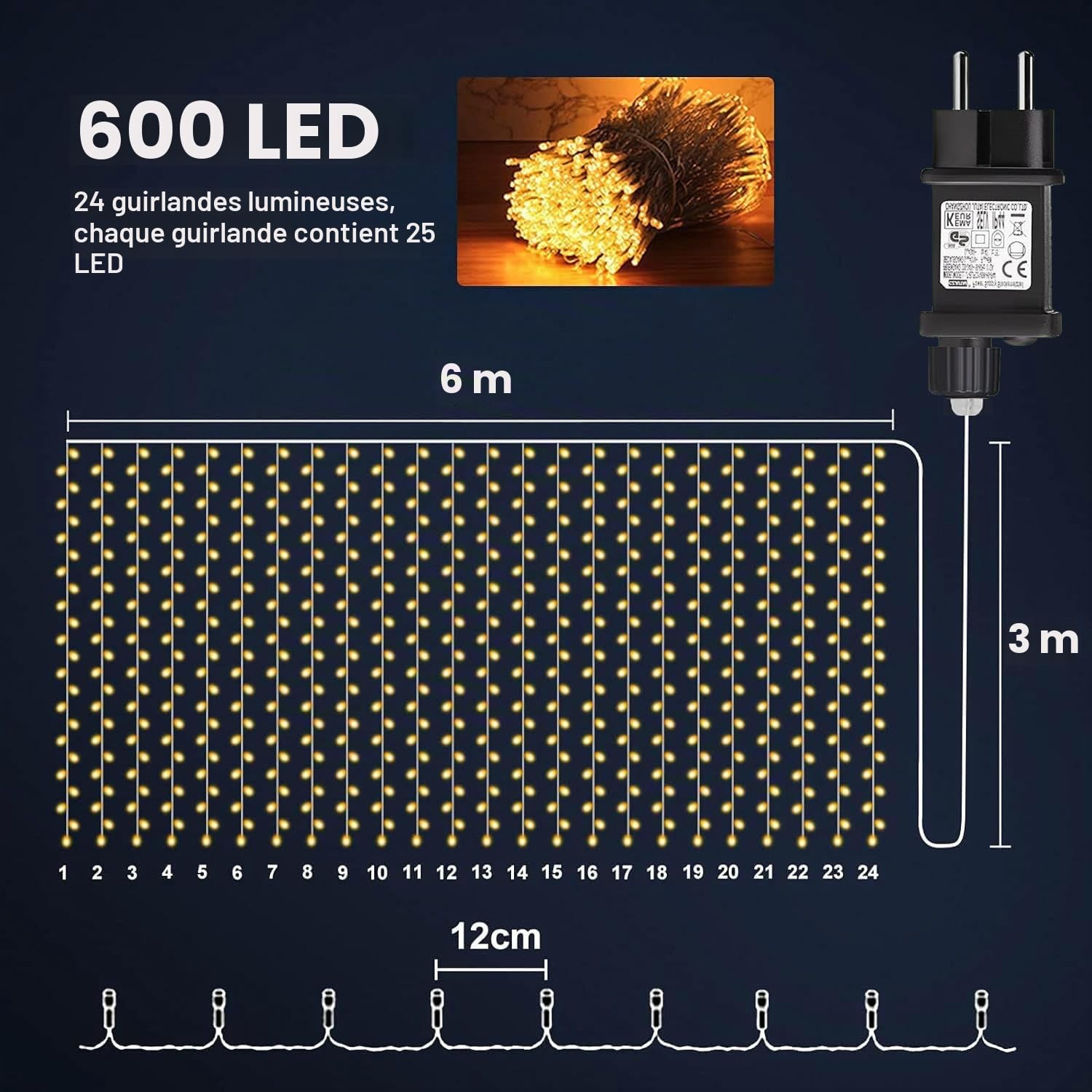 Cozymeow 2 Pièces Rideau Lumineux 6x3m 600 LED Guirlande Lumineuse 8 Modes | Cascade Lumineuse avec Minuterie, Étanche pour Décoration Jardin Noël Extérieur, Pergola, Tonnelle, Fenêtre - Blanc Chaud