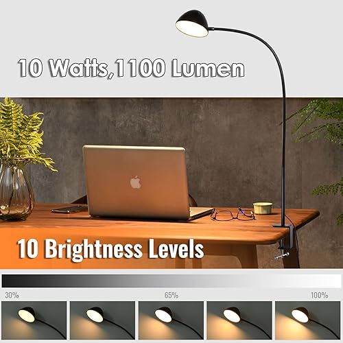 Miniatura 4 de Lámpara de abrazadera, lámpara de escritorio, con abrazadera, 10 W, 1100 LMS, 3 modos de color, 10 niveles de brillo, cuello de cisne flexible de 31