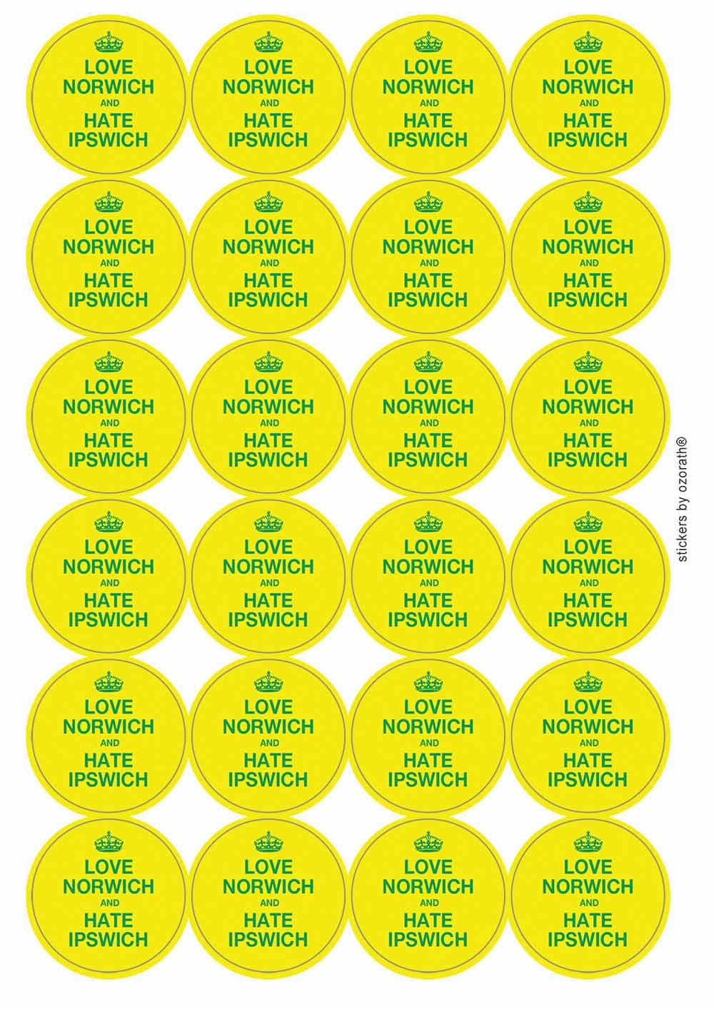 Love Norwich and Hate Ipswich Funny Circular Matt Paper Stickers A4 Sheet of 24 (Each Sticker is 45mm Diameter)