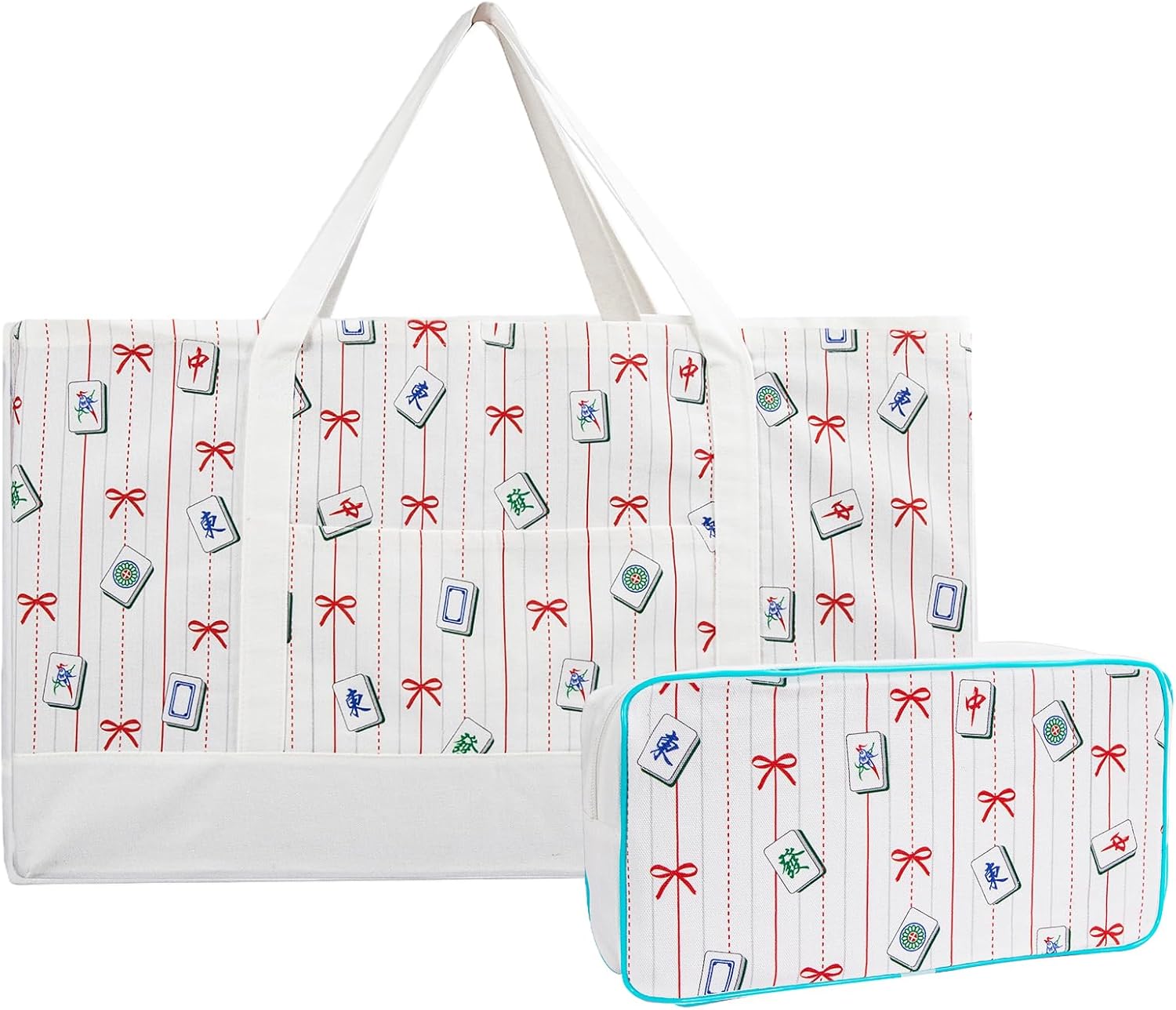 2 Pcs Canvas Mahjong Tote Bag, Embroidered Mahjong Bag, Empty Tiles Organizer Tote Accessories for Games, Parties, Travel, Practical Gifts for Games Lovers, Bags Only (Style 2)