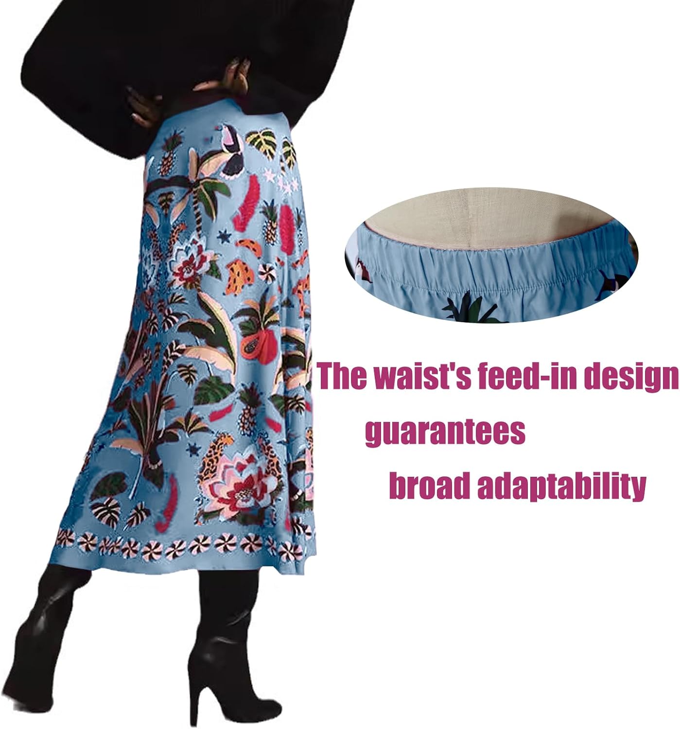 Womens Midi Skirt Tropical Floral Print Plant Fun Elastic Waist Spring Summer Flowy A Line Long Skirts - Image 4