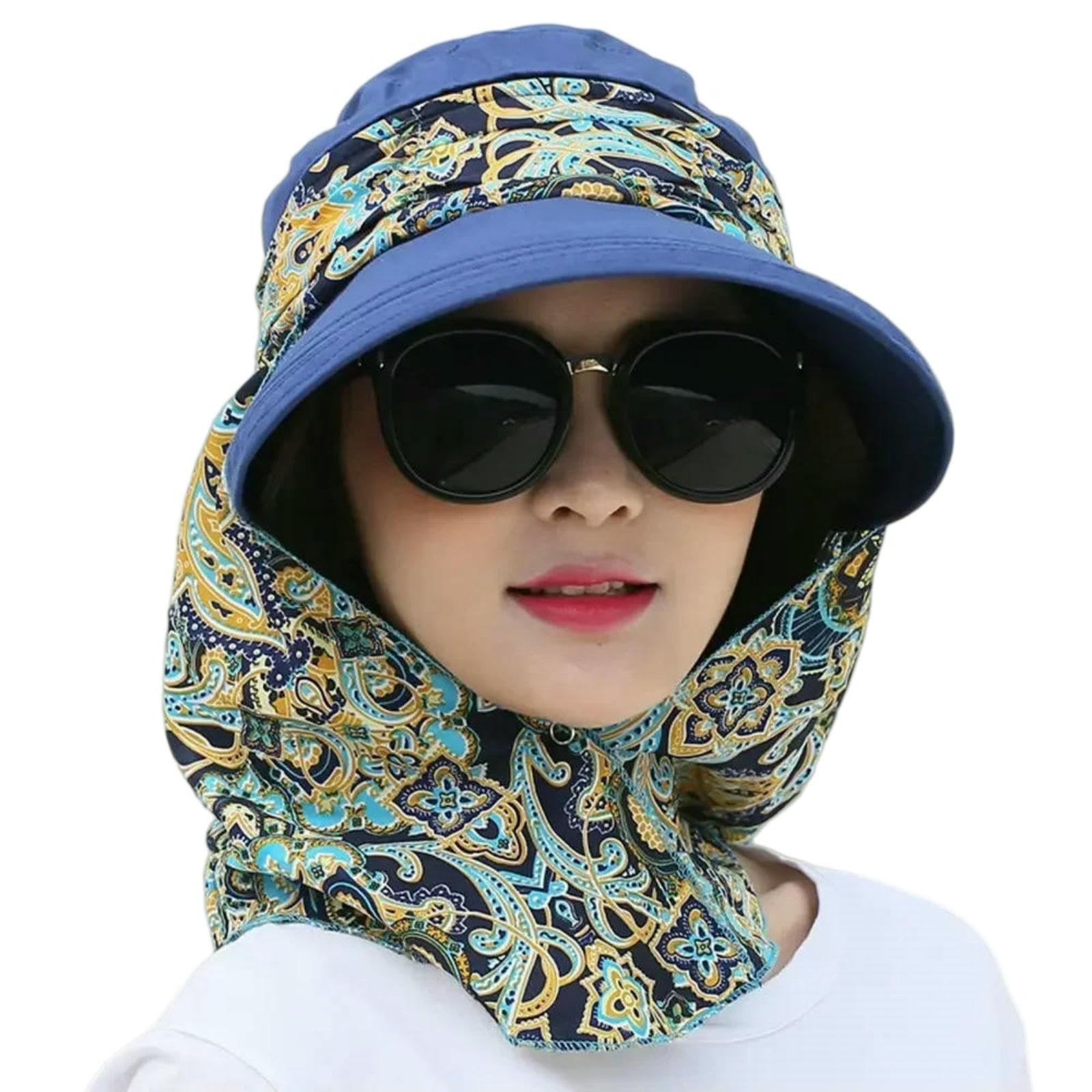 BQDPYZBD Sun Hats Hat Women Wide Brim Floral Print Caps Foldable Portable Visor Outdoor Riding Sunscreen Beach Cap-深蓝