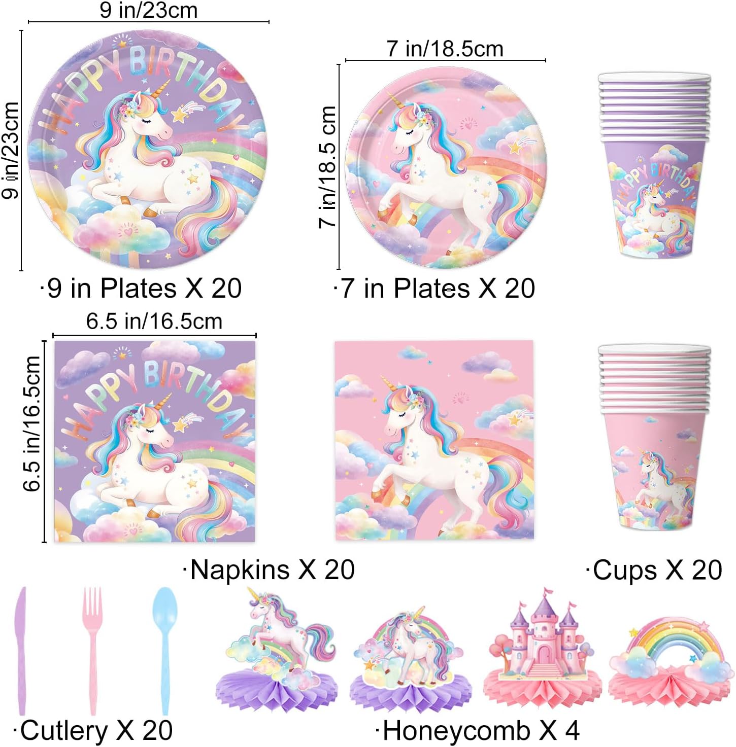 Unicorn Birthday Decorations with Plates, Napkins, Cups, Cutlery, Hanging Swirls, Banner, Honeycomb Centerpiece, Balloons, Tablecloths for Rainbow Unicorn Girls Birthday Party Decorations, Serves 20