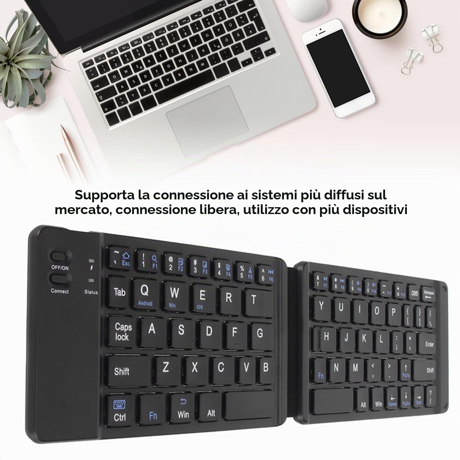 Jectse Tastiera Bluetooth pieghevole – Tastiera pieghevole ultra sottile con cavo USB, portatile wireless per laptop, tablet, smartphone (Hoary)
