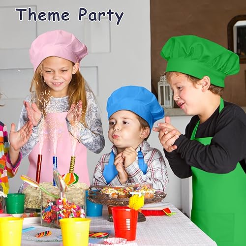 Miniatura 5 de Juego de delantal y sombrero de chef para niños, 24 piezas con 2 bolsillos ajustables para cocinar, aula, hornear, pintura, 6 a 13 años, multicolor