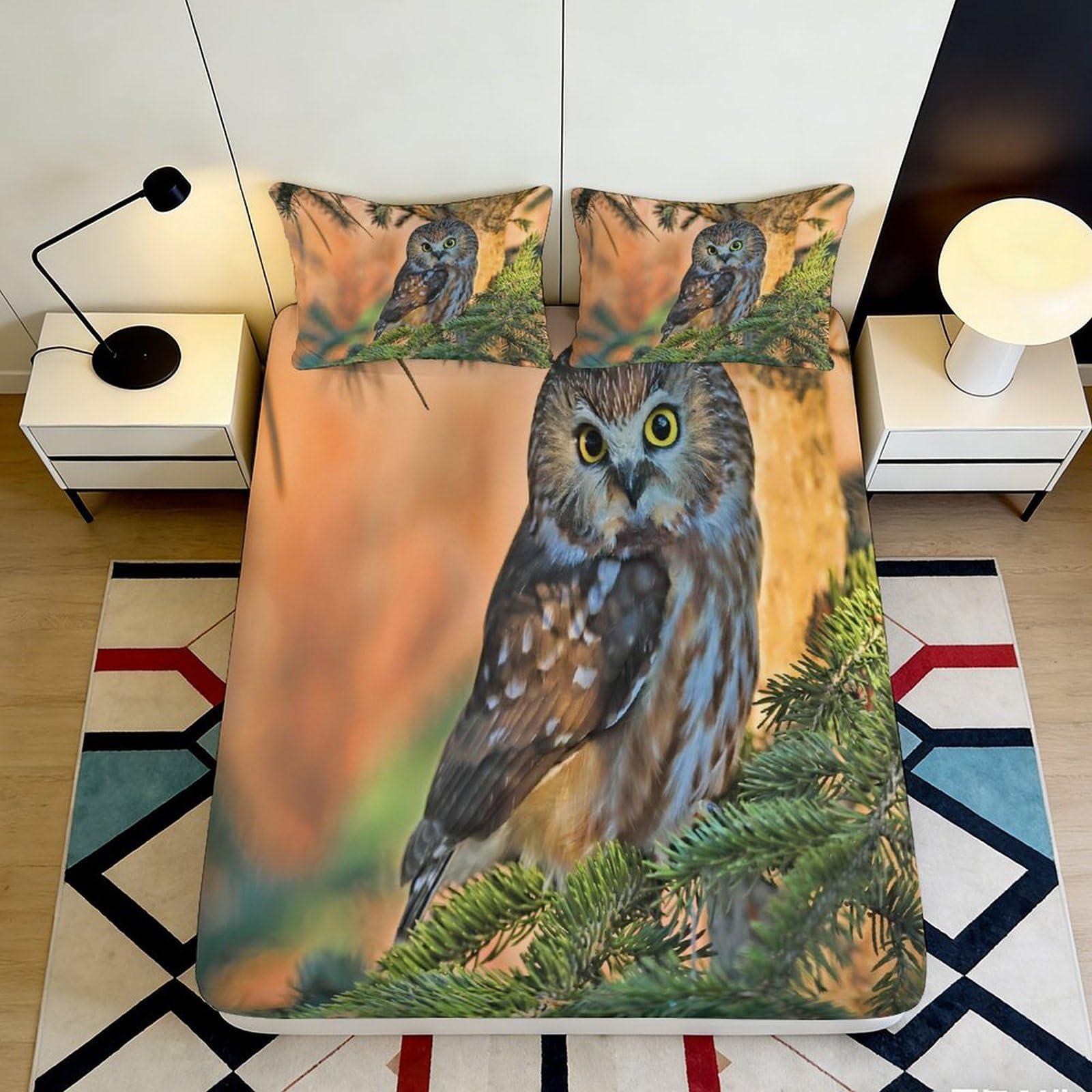 Pnayamiorkfel Style-2 3D Printed Owl Forest Fitted Sheet Microfiber Soft Breathable Wildlife Bed Cover For Bedroom Guest Room Decor 90X200x25cm