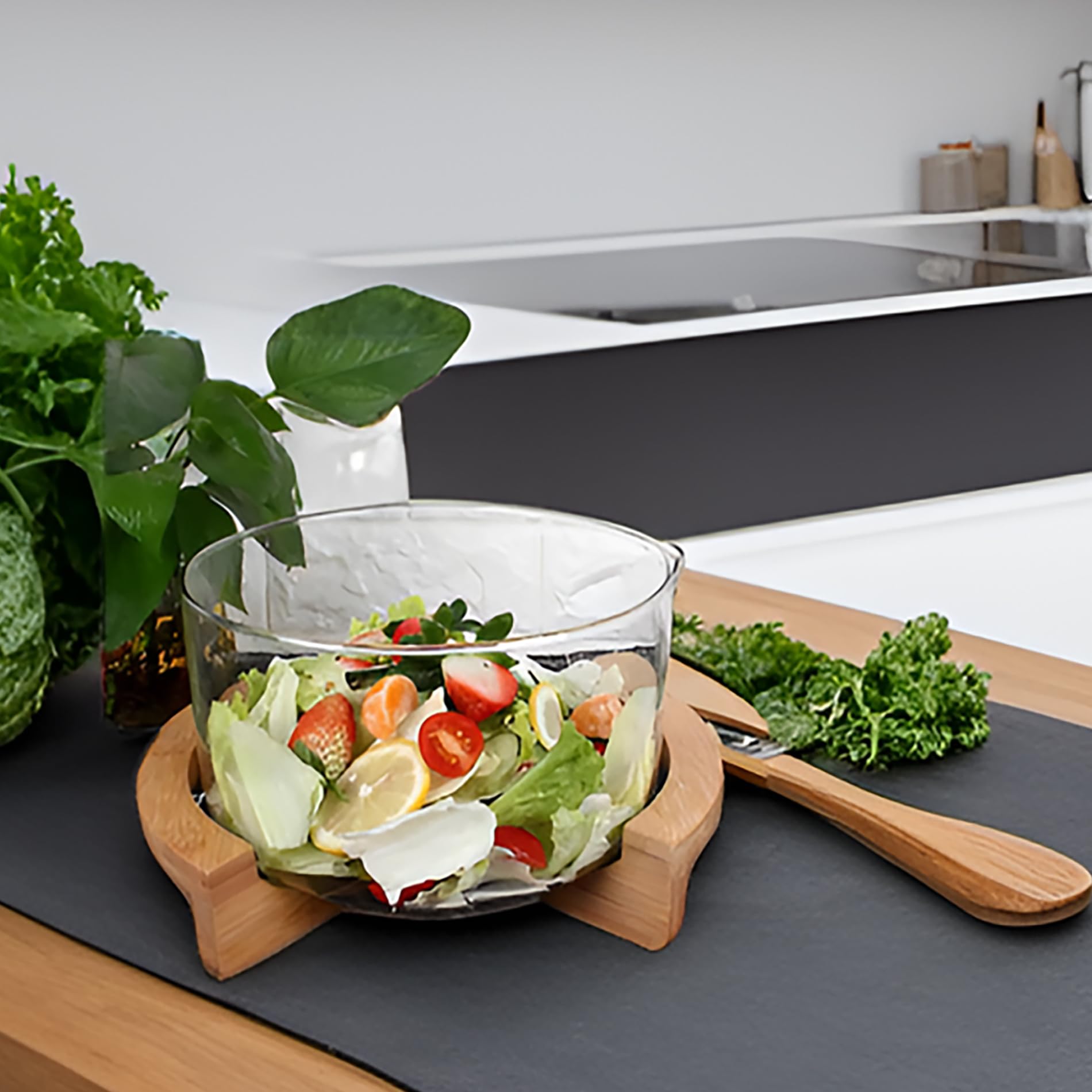 Ensaladera de vidrio con base de madera y utensilios, juego de cuencos grandes para servir ensaladas para pasta, frutas, mezclar ensaladas, palomitas de maíz, patatas fritas y decoración