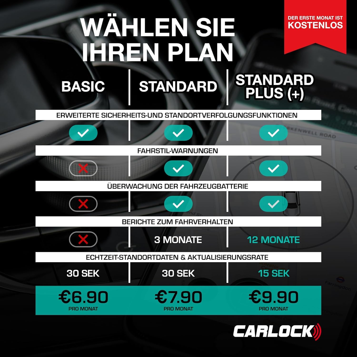 Carlock Basic - GPS Tracker Auto Alarmanlage. Digitales Ortungsgerät mit Smartphone App. Sender verfolgt Ihr Auto mühelos in Echtzeit, Peilsender benachrichtigt sofort bei verdächtigem Verhalten