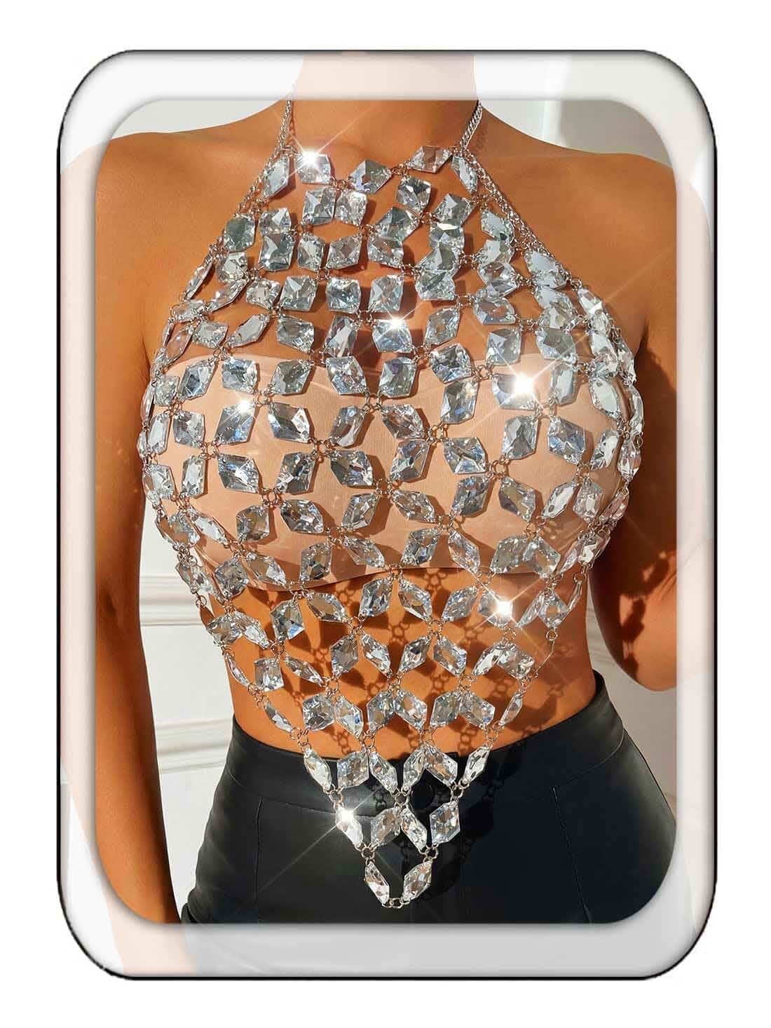 Aukmla Crystal Bra Body Chain Top Silver Rhinestones Halter Crop Tops Beach Bikini Chest Chains Body Jewelry for Women