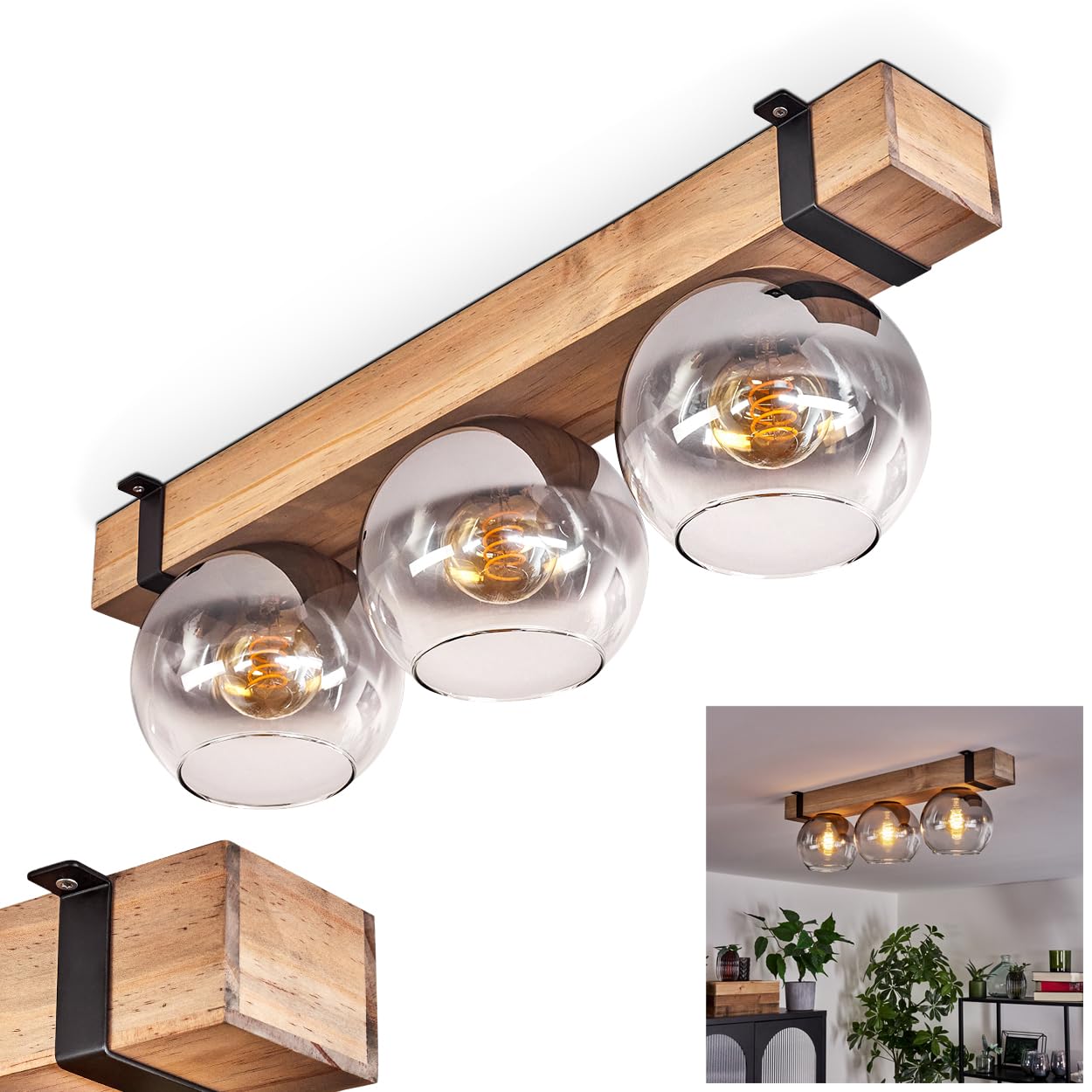 Montgomery Ceiling Light, Made of Metal/Wood/Glass in Black/Natural/Smoke Colour/Clear, Scandinavian Design with Wooden Beams (60 cm) and Glass Globes (Ø 15 cm), 3 x E27 Socket, Without Bulbs