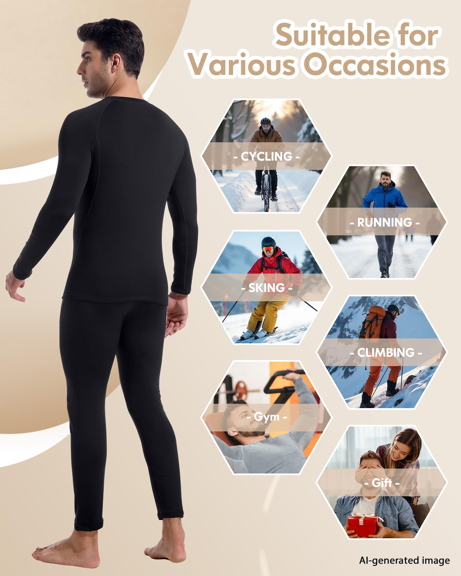 sous-vêtements Thermiques pour Hommes, sous-vêtements Fonctionnels thermoactifs Respirants, sous-vêtements de Ski en Polaire intérieure, Ensemble de sous-vêtements Thermiques Doux