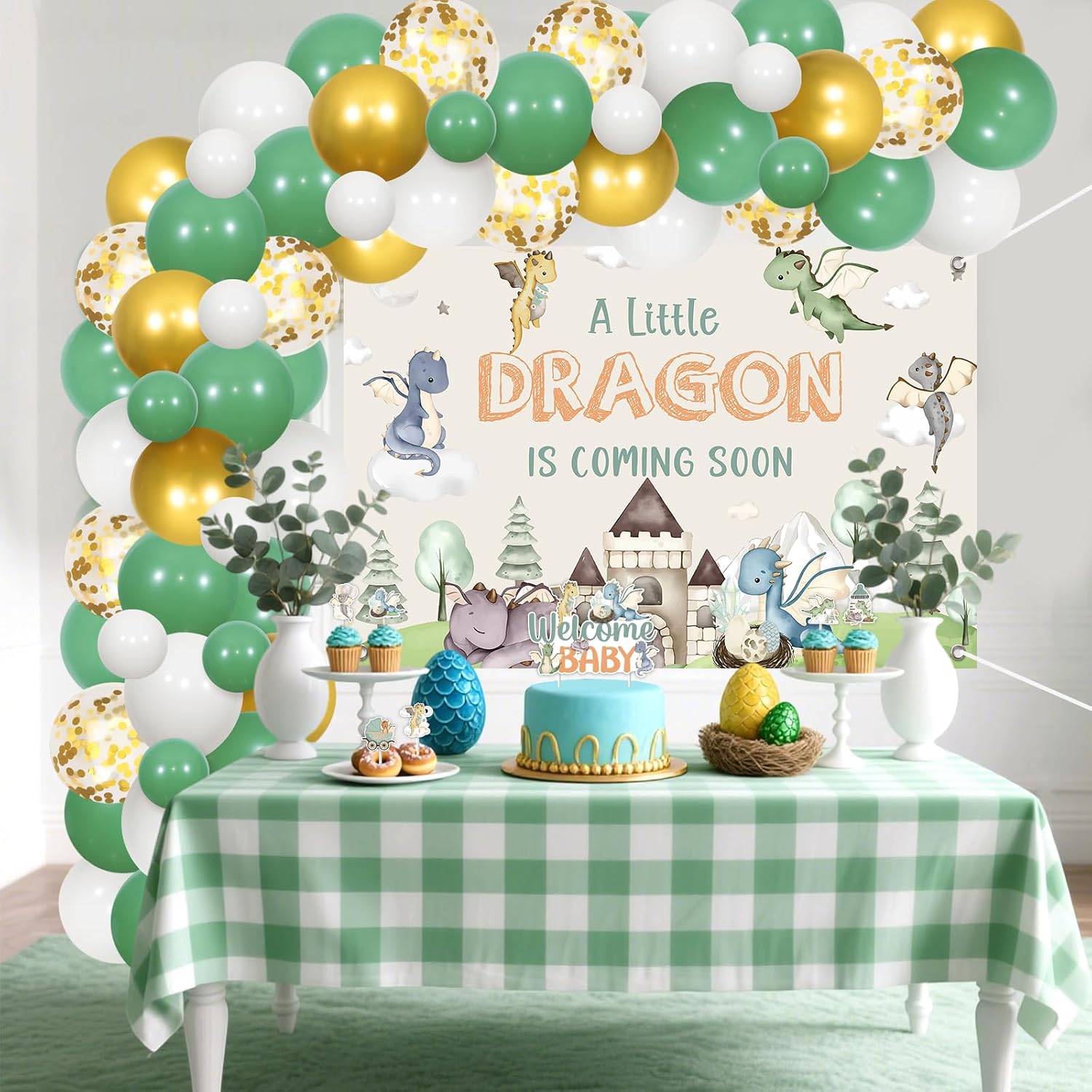 Hatching Soon Dragon Baby Shower Decorations - Watercolor A Little Dragon is Coming Soon Backdrop, Welcome Baby Cake Topper with Dragons Cupcake Toppers for Balloon Garland Arch Kit