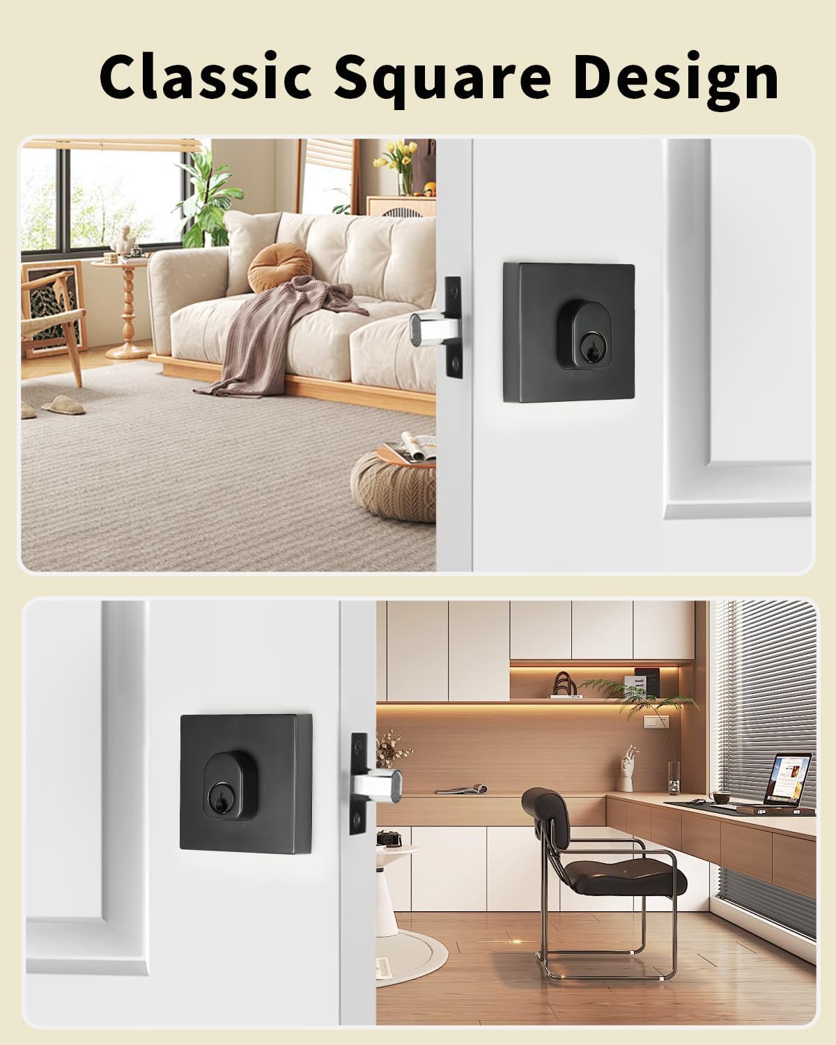 Matte Black Deadbolt Lock, Square Single Cylinder Modern Deadbolt Lock with Keys, Exterior Keyed Front Entry Door, Interior Swivel Knob, Zinc Alloy, Easy to Instal, for Home, Office, Apartment.