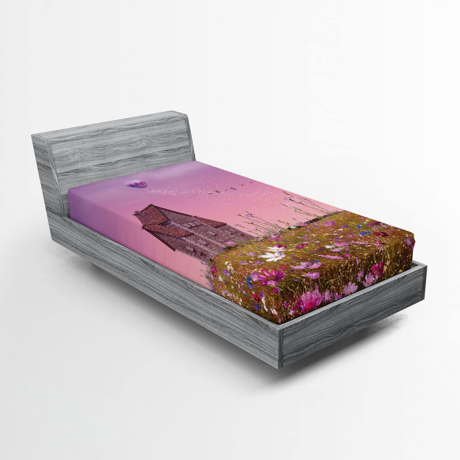 Ambesonne Meadow 2 Pack Fitted Sheet, Floral Spring Field House, Bed Cover All-Round Elastic Deep Pockets 2 Pieces, Package Contains 2 Twin Size Fitted Sheets, Violet Pale Pink