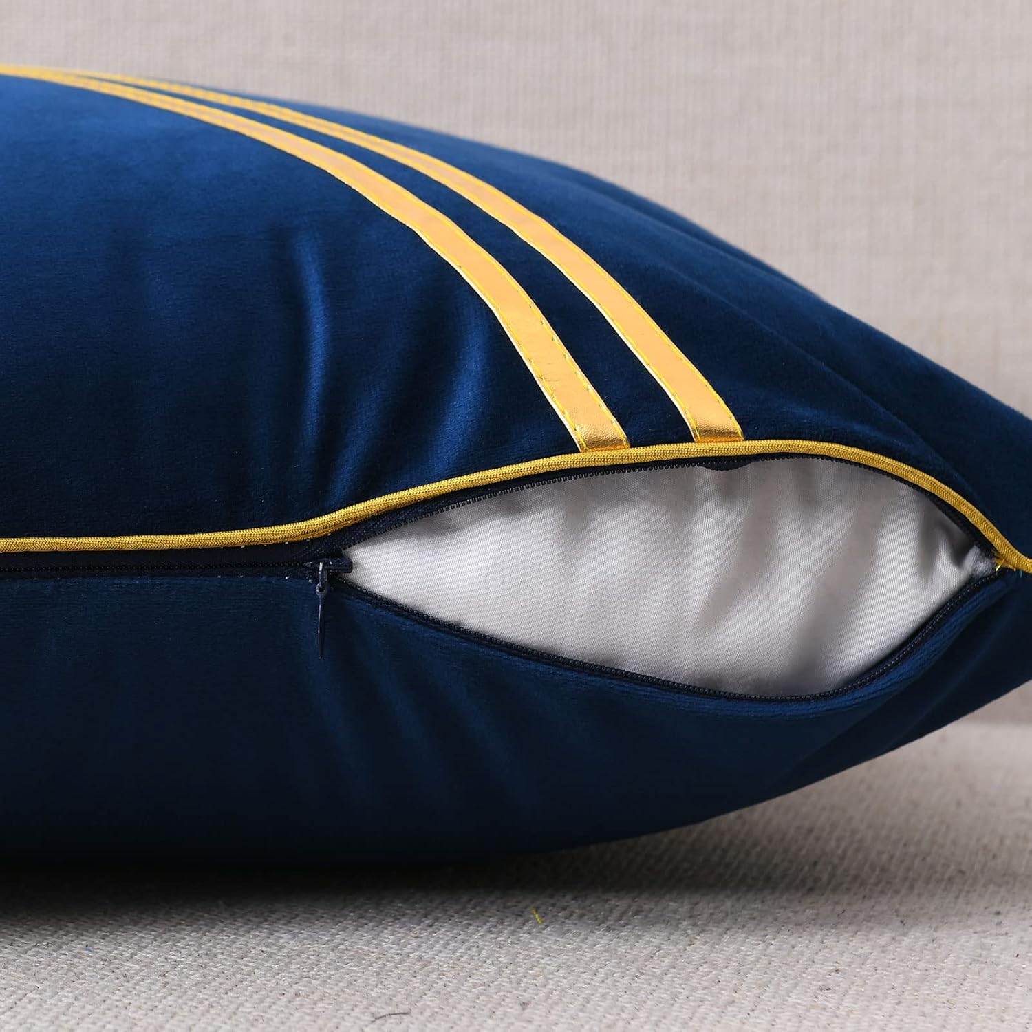 WACOMECO Pack of 2 Gold Throw Pillow Covers - Soft Decorative Luxury Velvet Cushion Covers Pillow Cases with Gold Leather for Sofa Bedroom Livingroom Car, 18 x 18 in, Navy Blue - Image 4