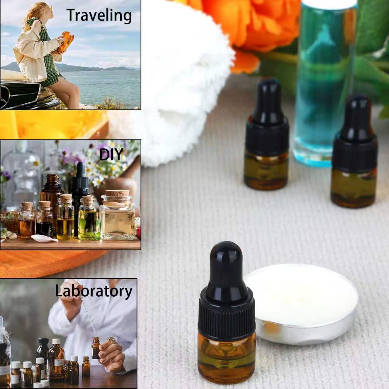 36Packs Mini Amber Glass Dropper Bottles, 1ML Small Dropper Bottle for Cuticle Oil,Cosmetics, Serum，and Liquid Small Empty Travel Sample Vials with Dropper and Black Caps