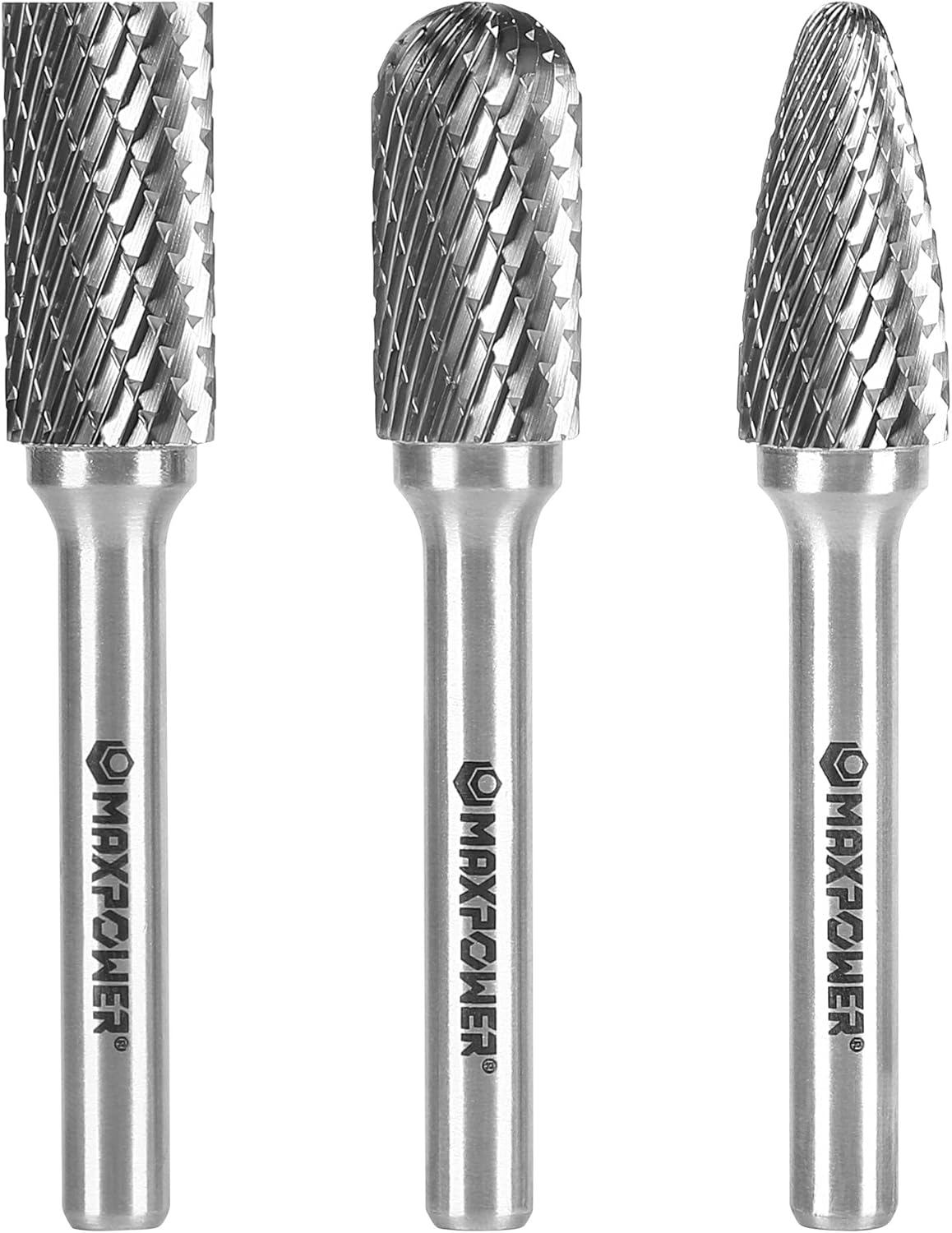 MAXPOWER 1/4" Carbide Burr Set, 3-Piece Rotary Burrs, Double Cutting burrs Rotary File for Metal and Woodworking Drilling, Carving, Polishing, Engraving